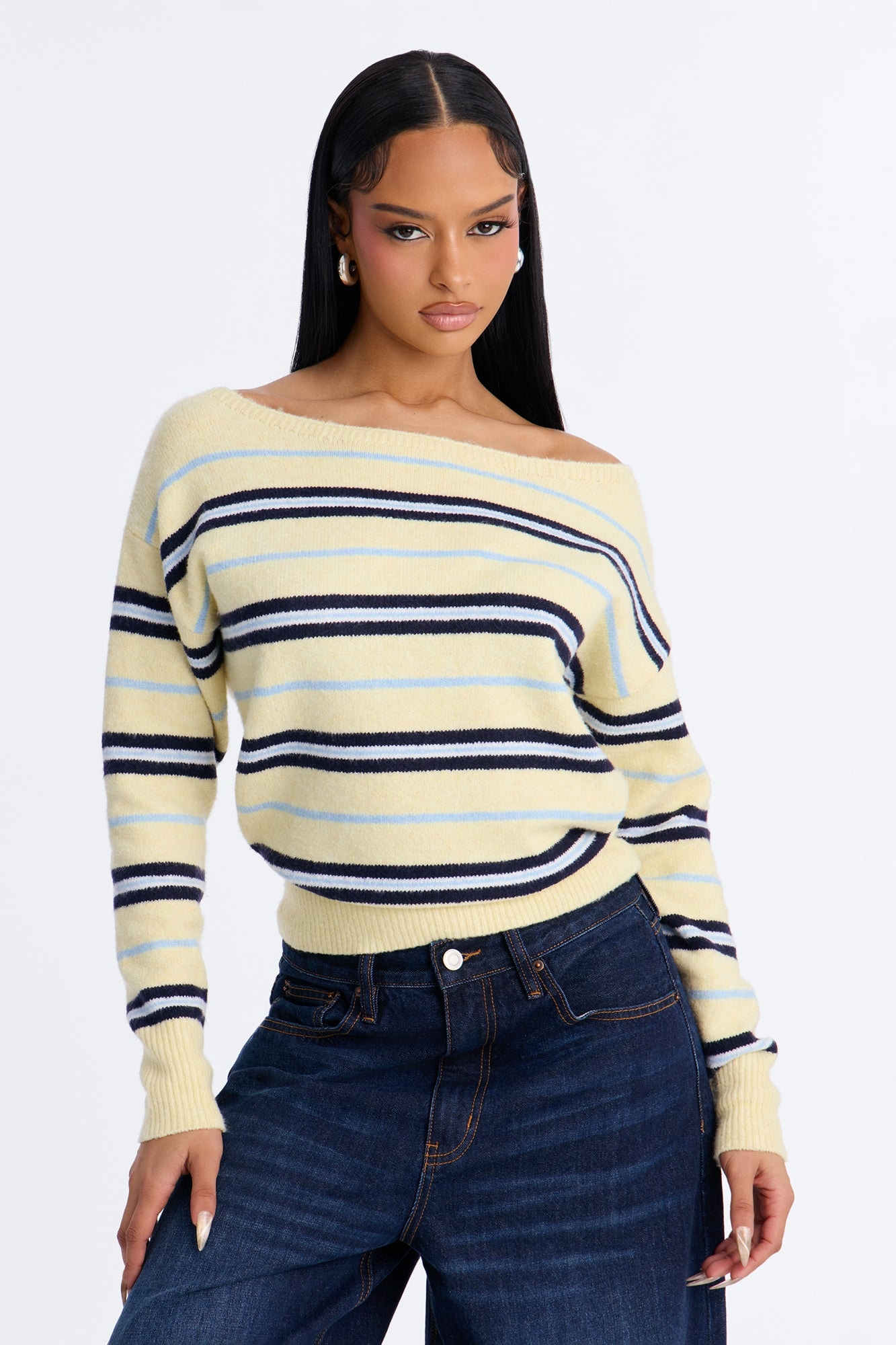 Maddie Striped Boat Neck Long Sleeve Sweater - Yellow/combo image 1