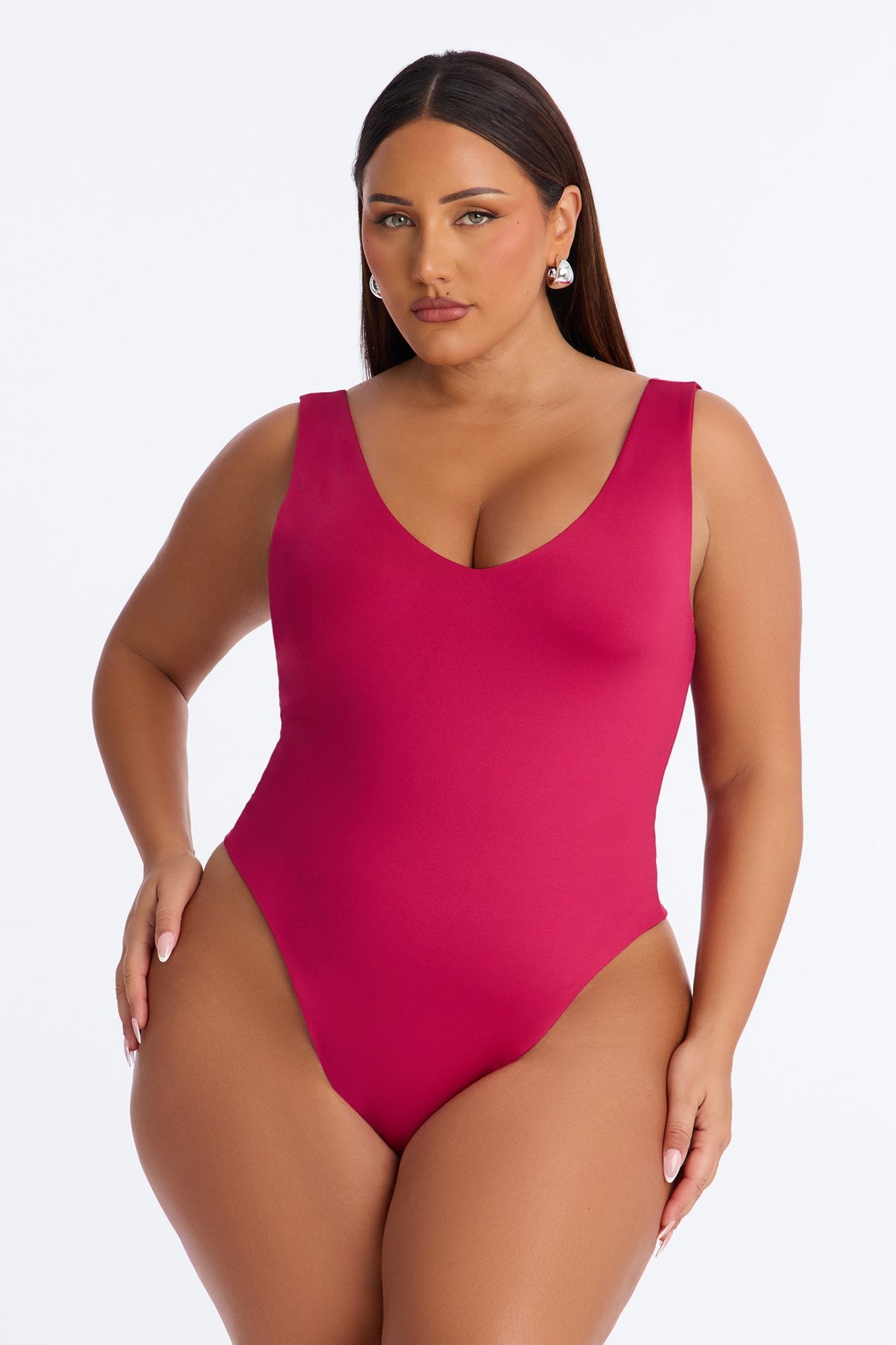Contour Double Lined V-Neck Bodysuit - Raspberry image 1