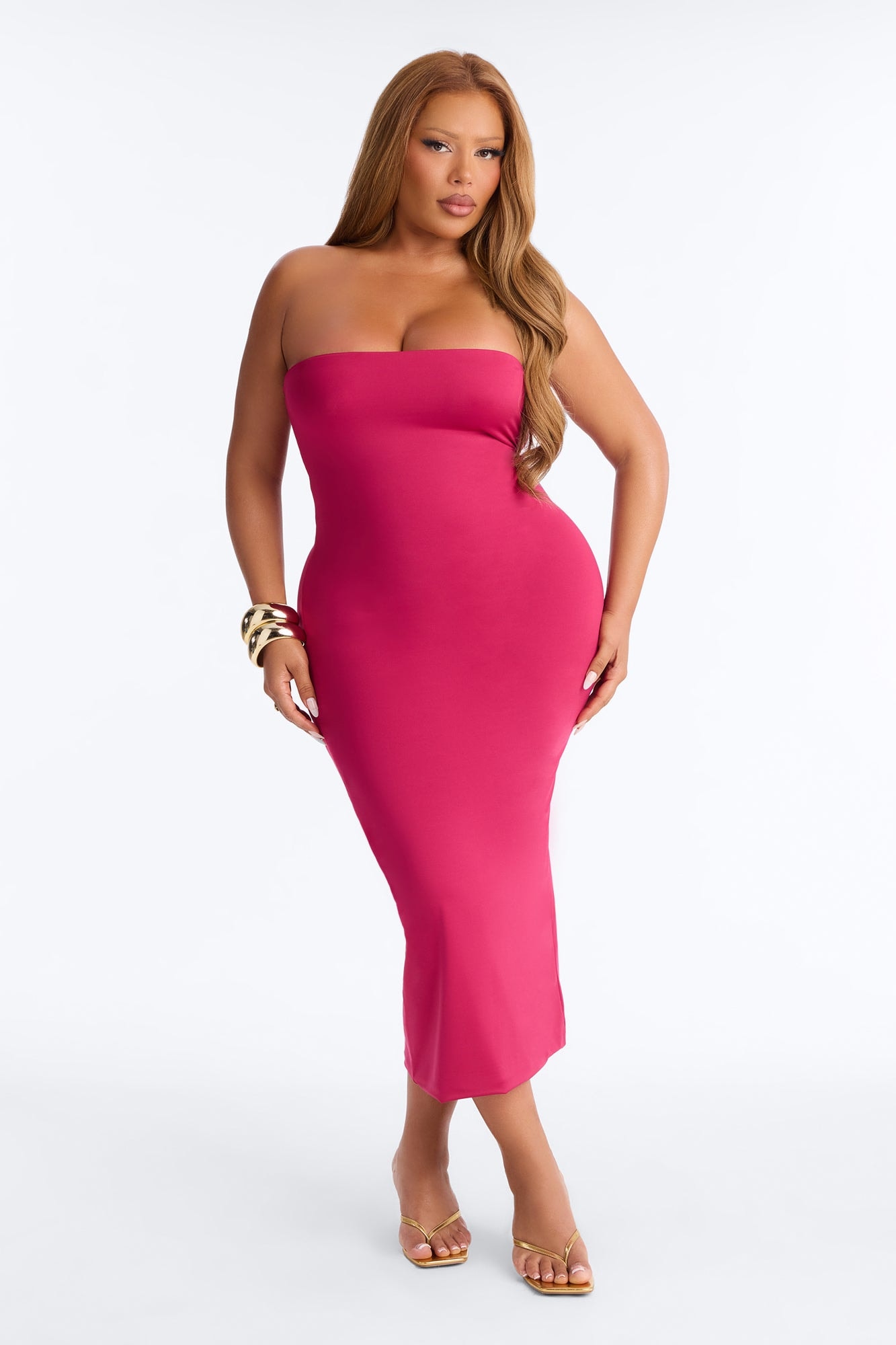 Contour Double Lined Strapless Midi Dress - Raspberry image 1