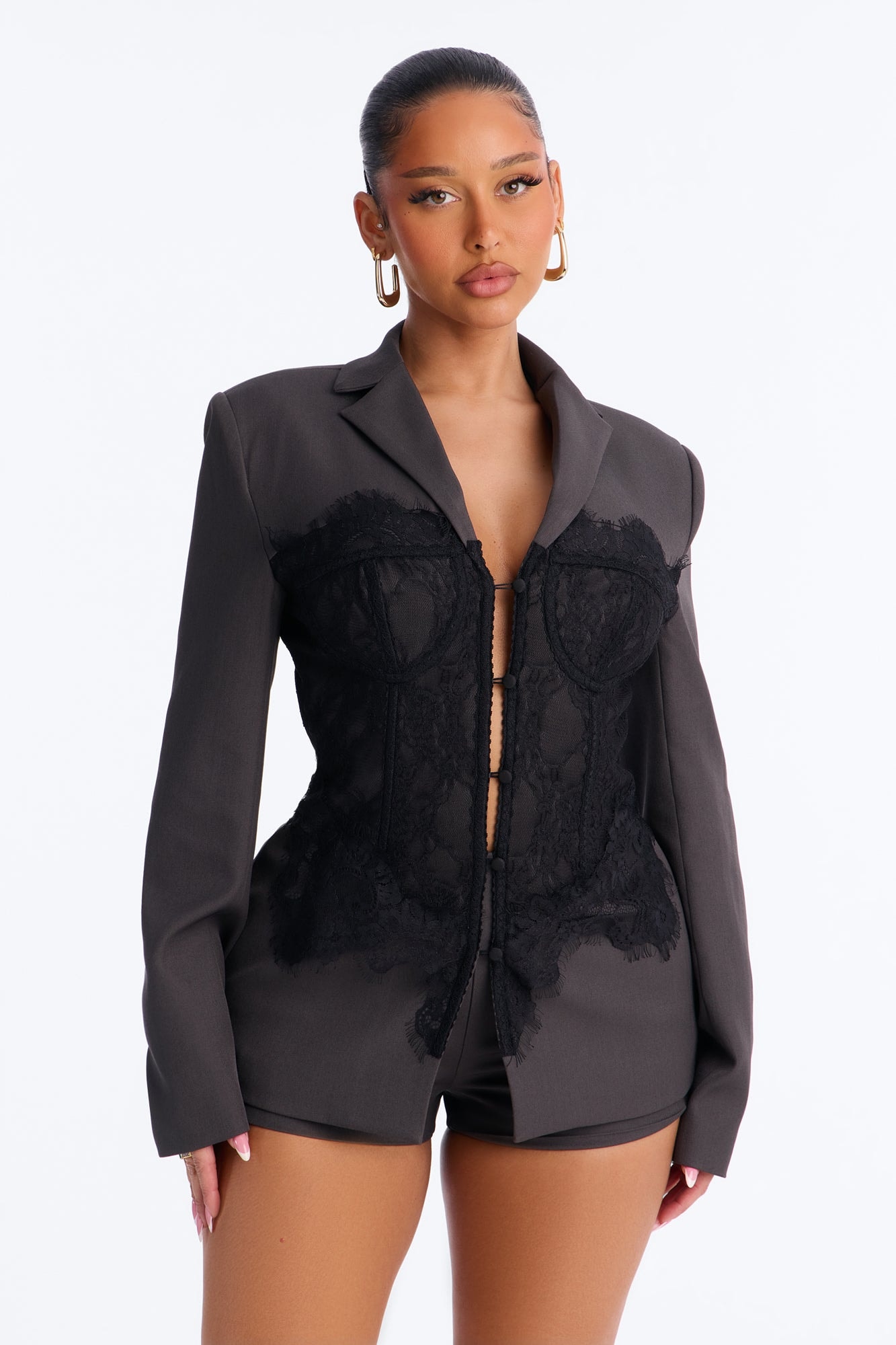 After Hours Lace Corset Blazer Short Set - Charcoal image 1