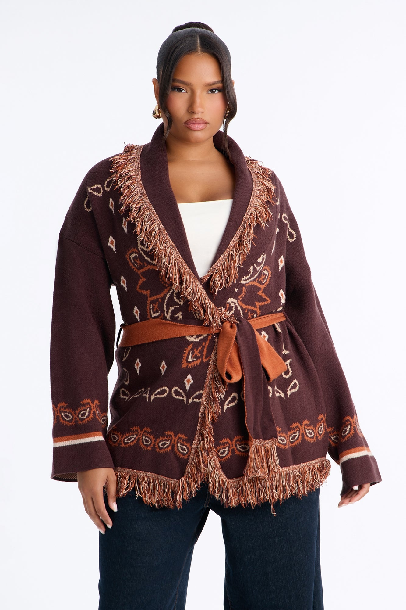 Aspen Jacquard Fringe Cardigan - Brown Combo image 1
