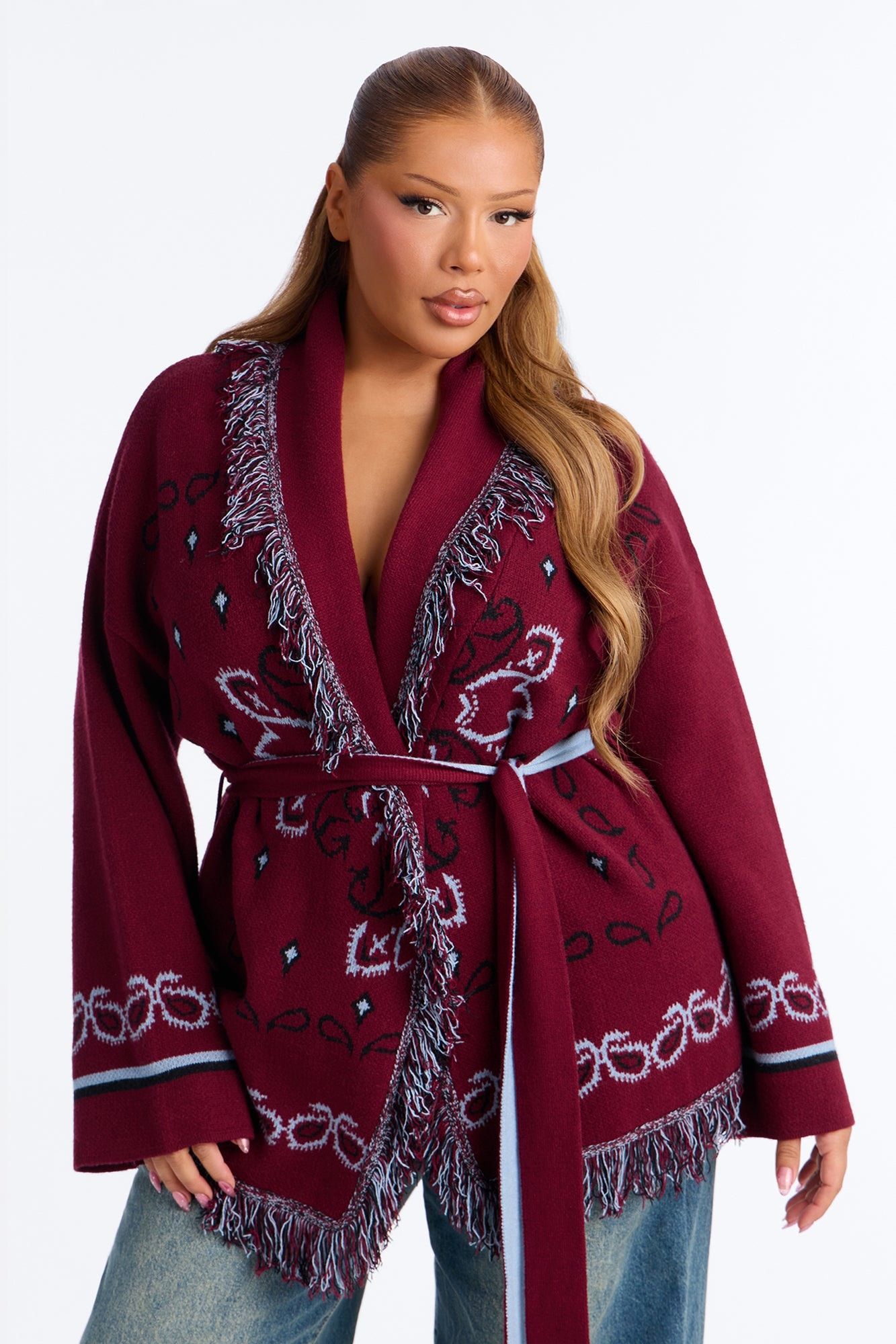 Aspen Jacquard Fringe Cardigan - Burgundy/combo image 1