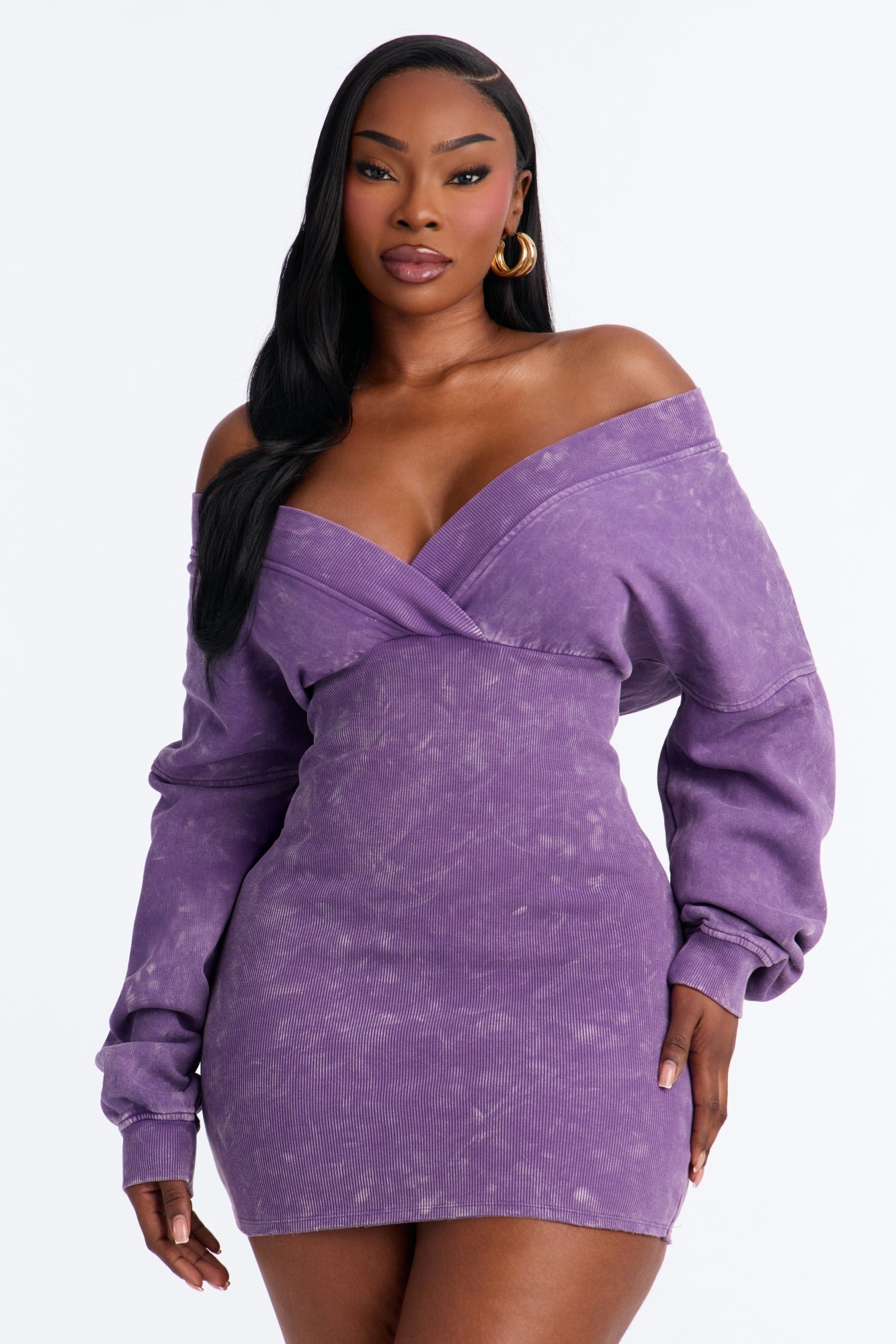 Amara Fleece Off Shoulder Sweatshirt Mini Dress - Purple image 1