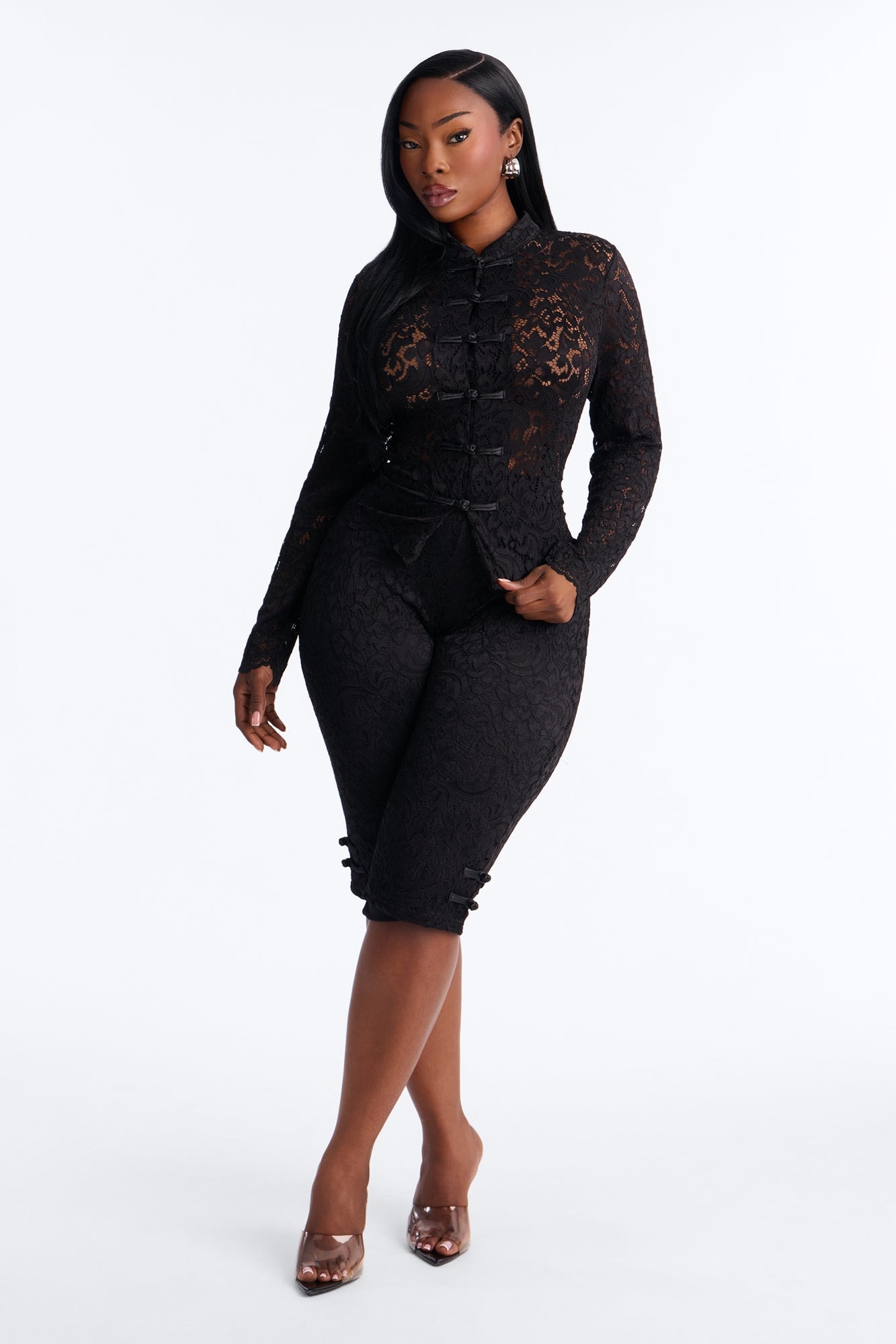 Le Fleur Lace Long Sleeve Capri Set - Black image 1