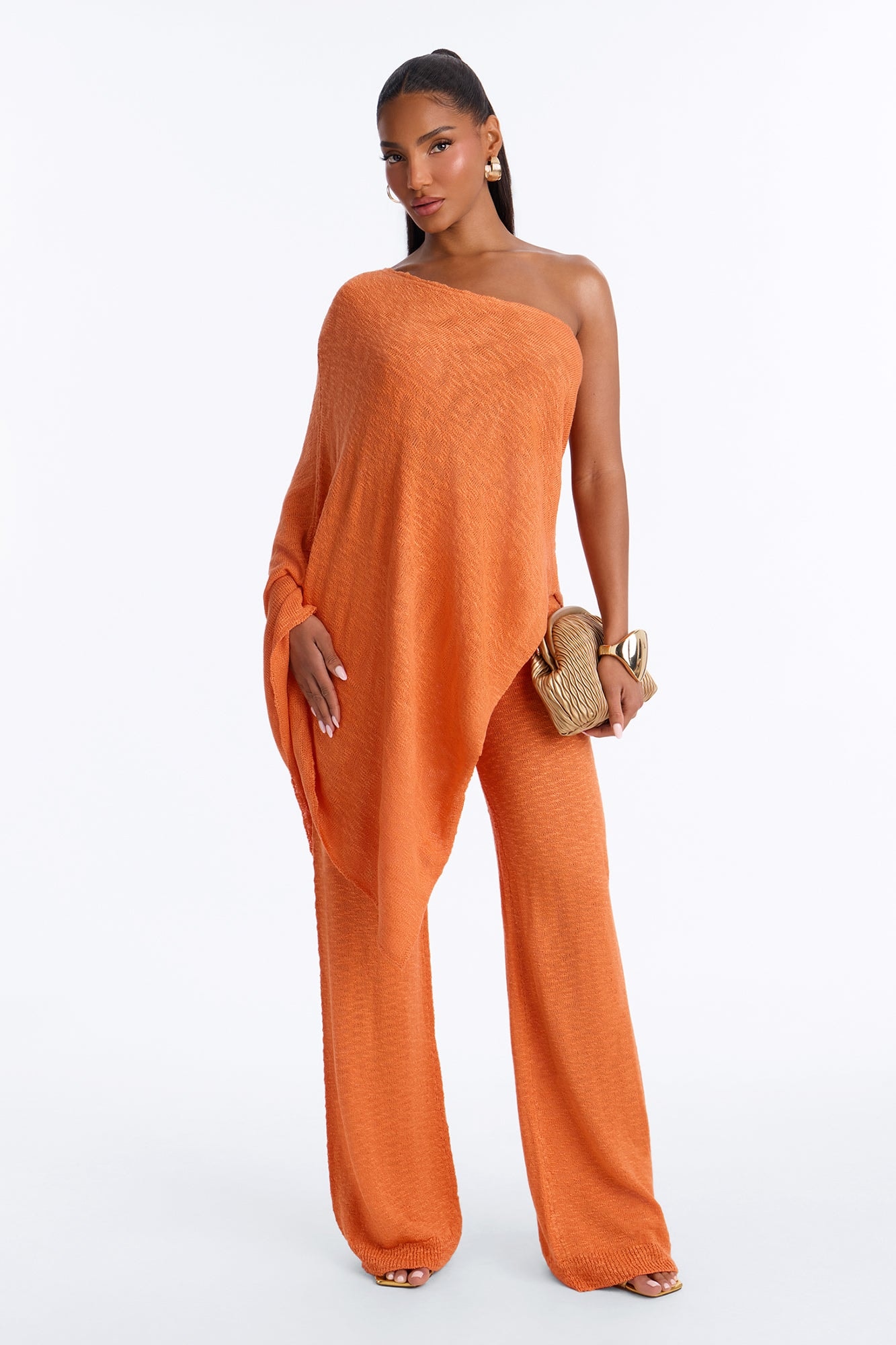 Solia One Shoulder Sweater Pant Set - Orange image 1