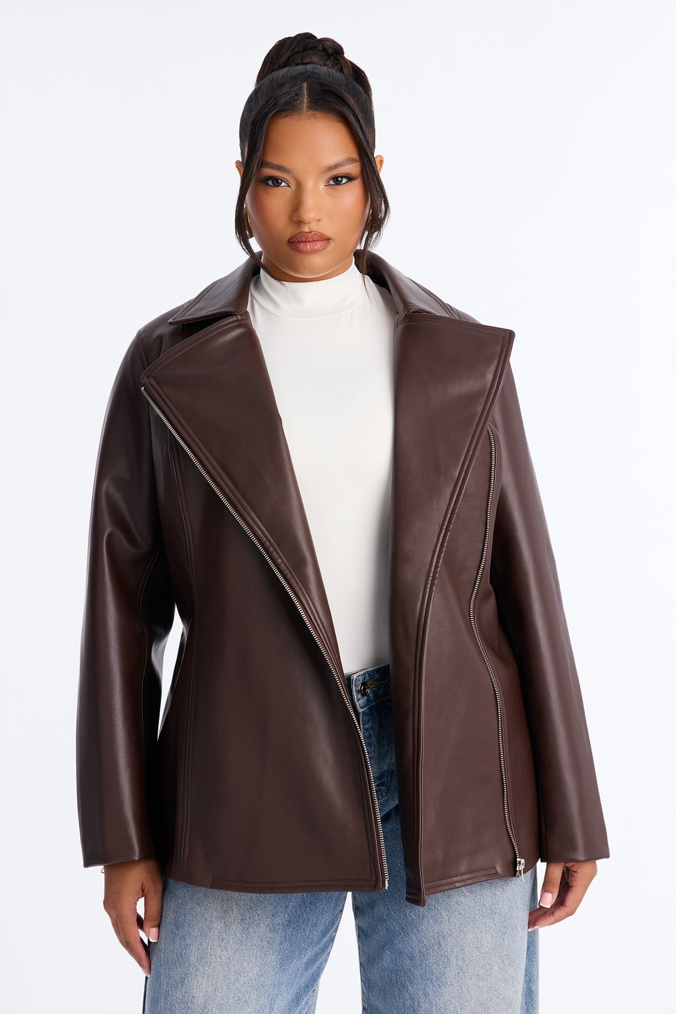 Dusk To Dawn Faux Leather Moto Jacket - Chocolate image 1