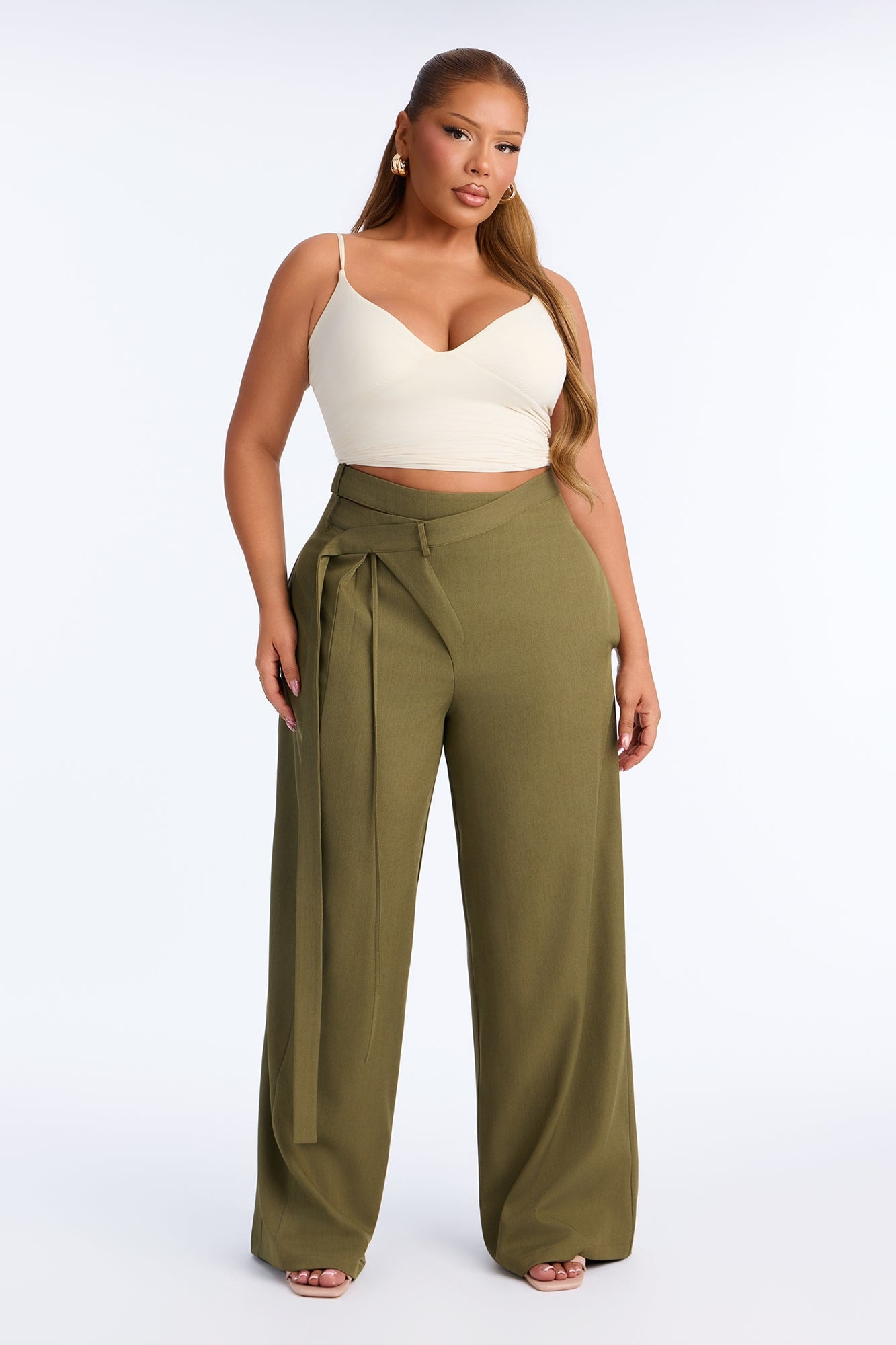 All Wrapped Up Cutout Wide Leg Trousers - Olive image 1