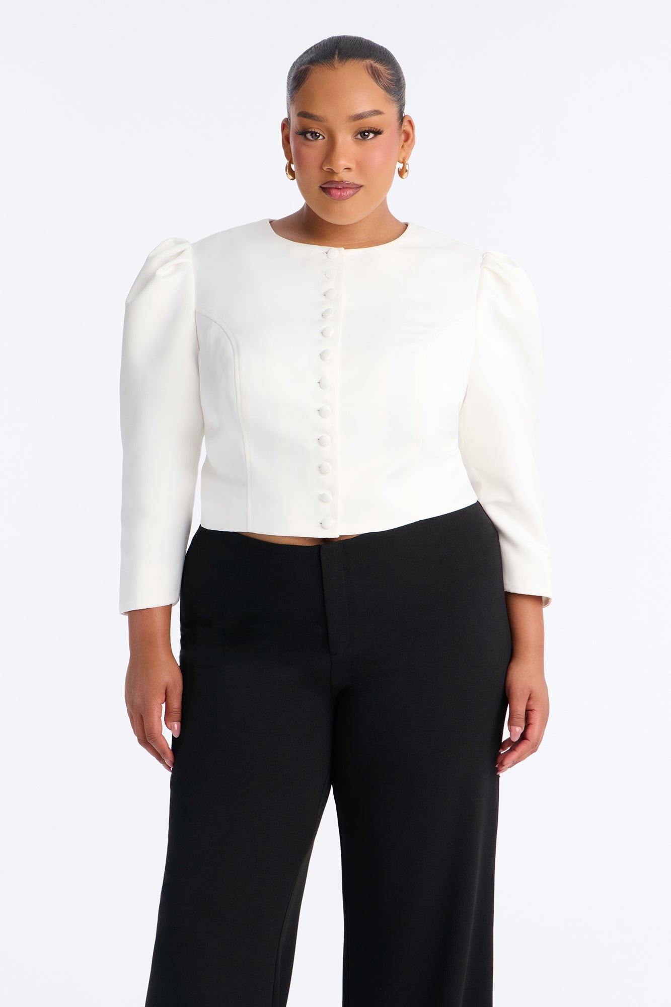 Melania Button Front Puff Sleeve Satin Jacket - Ivory image 1