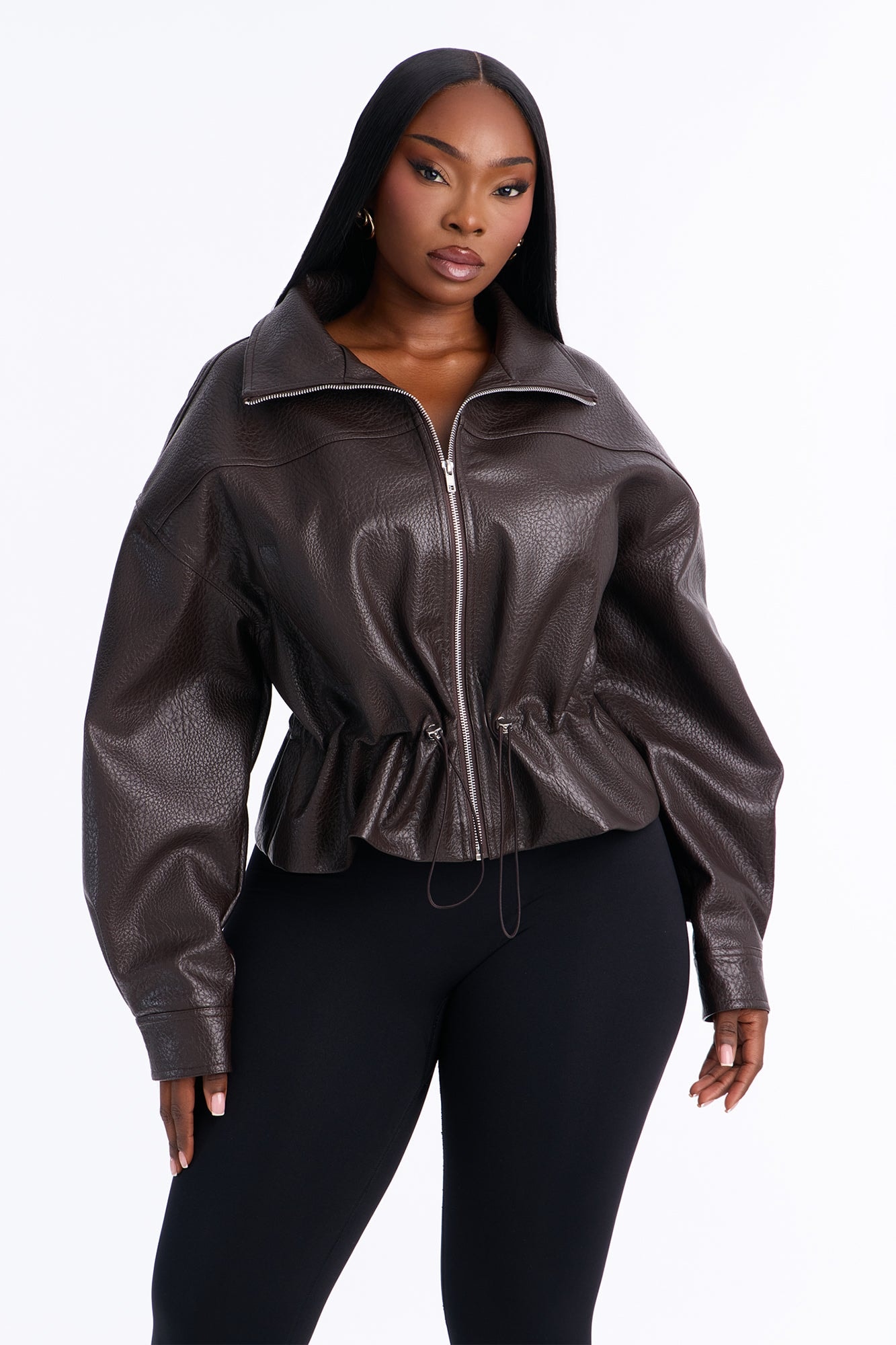 Ava Faux Leather Funnel Neck Cinched Waist Bomber - Brown image 1