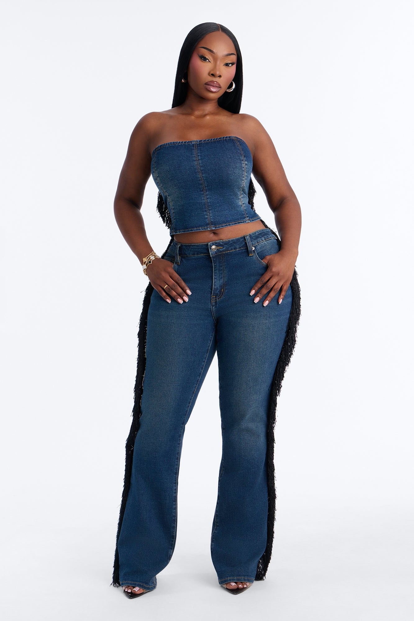 Denim Drama Fringe Pant Set - Dark Wash image 1