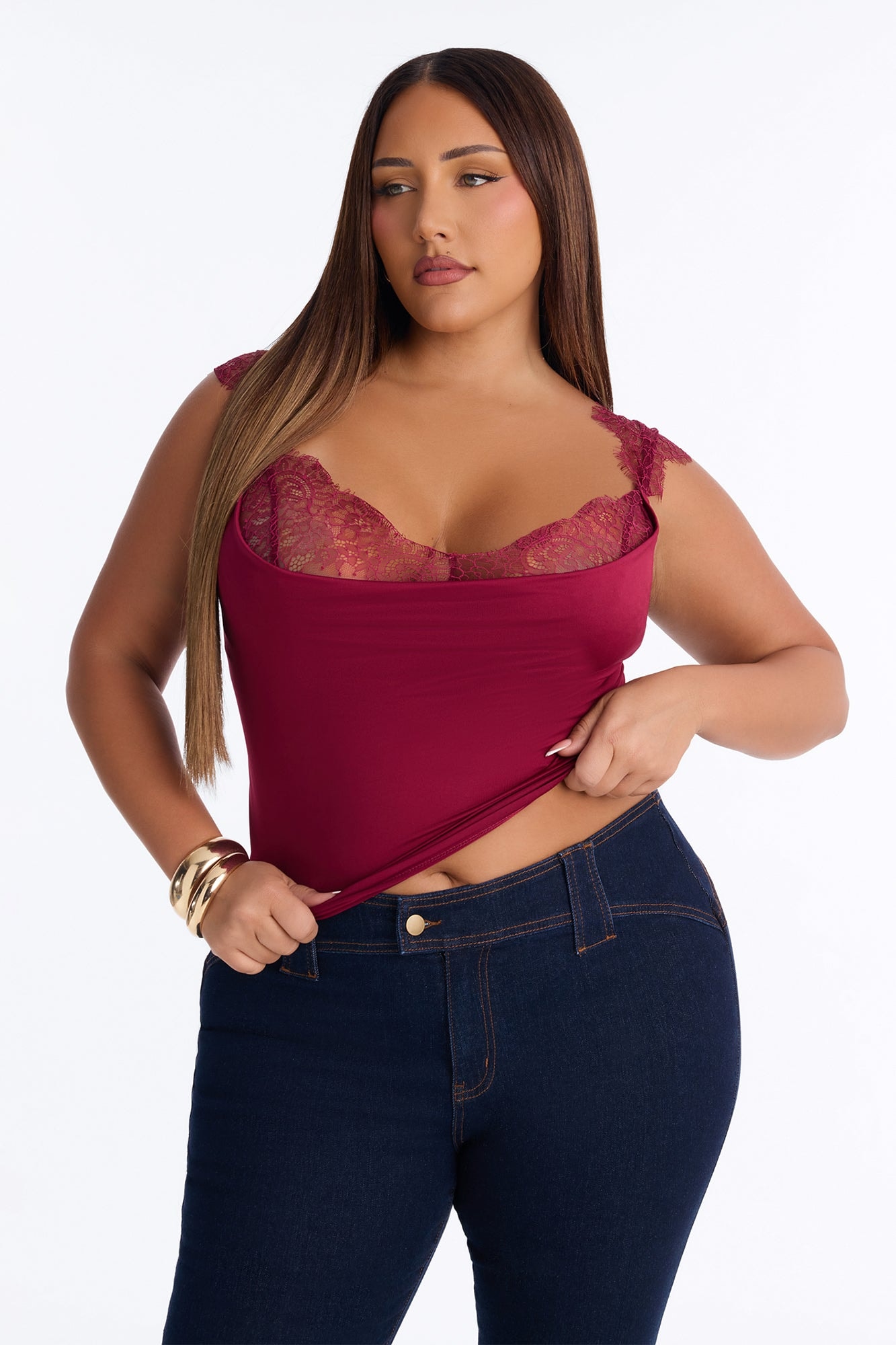 Janet Lace Trim Cowl Tank Top - Burgundy image 1