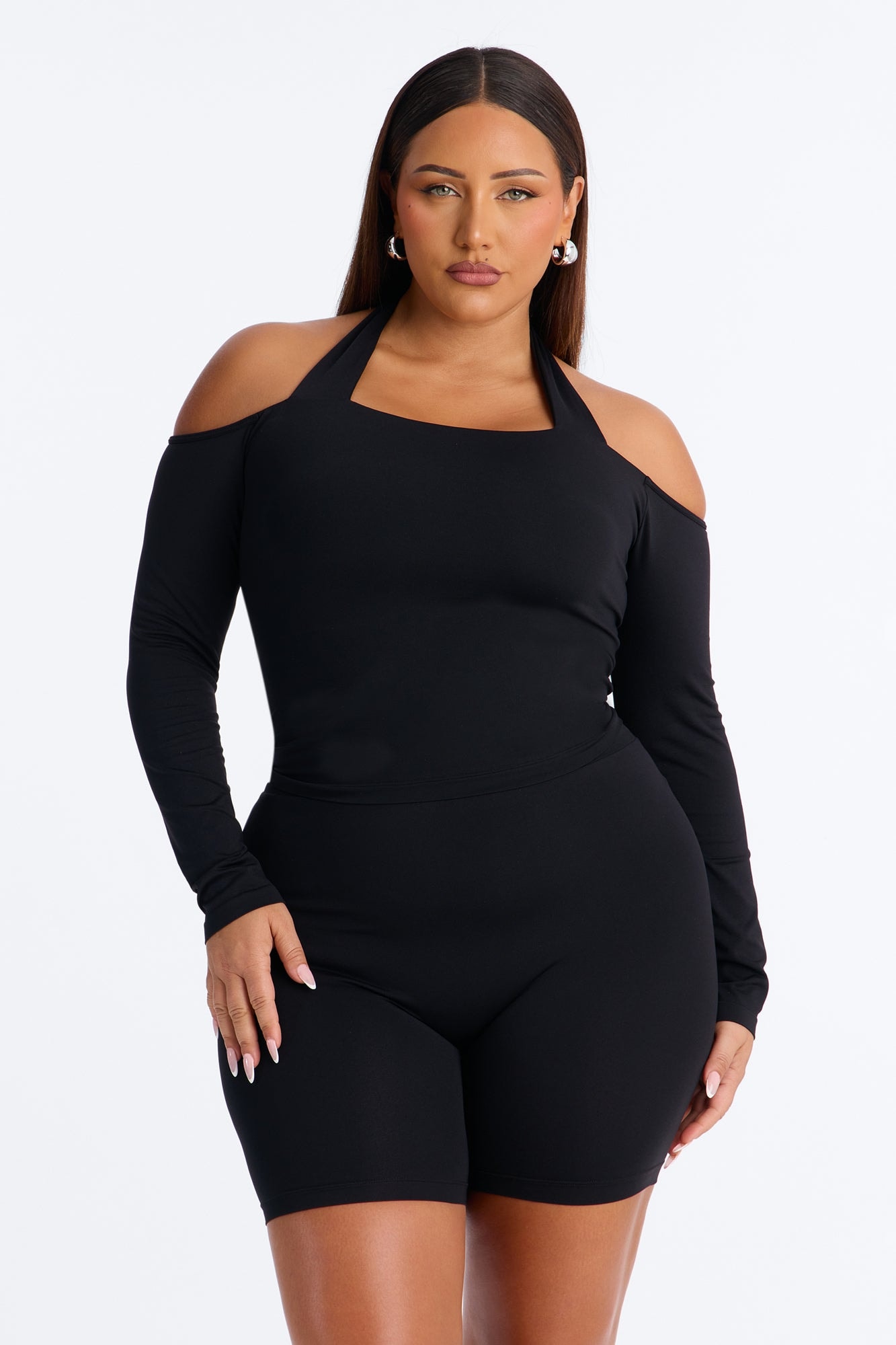 Seamless Smooth Off Shoulder Long Sleeve Halter Top - Black image 1