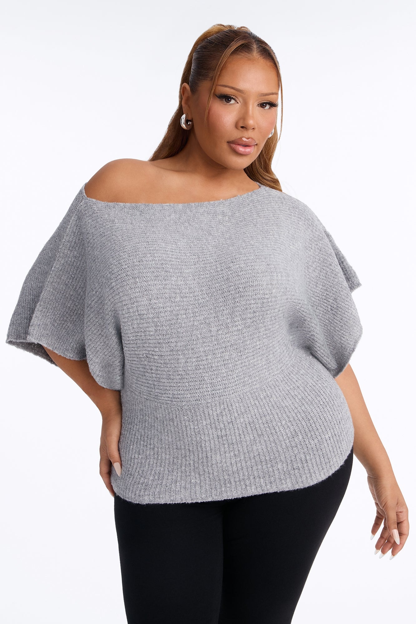 Carol One Shoulder Sweater Top - Heather Grey image 1