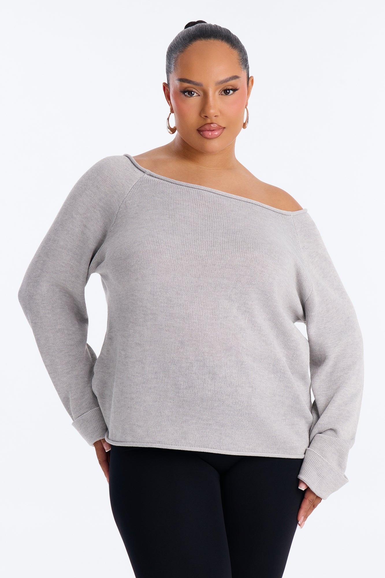 Casey Off Shoulder Long Sleeve Sweater - Heather Grey image 1