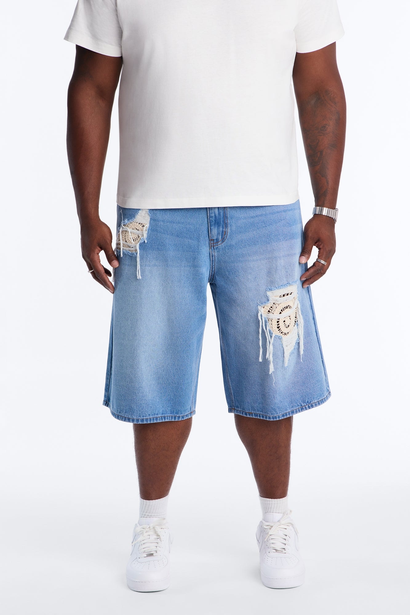 Crochet Cut Baggy Short - Light Blue Wash image 1