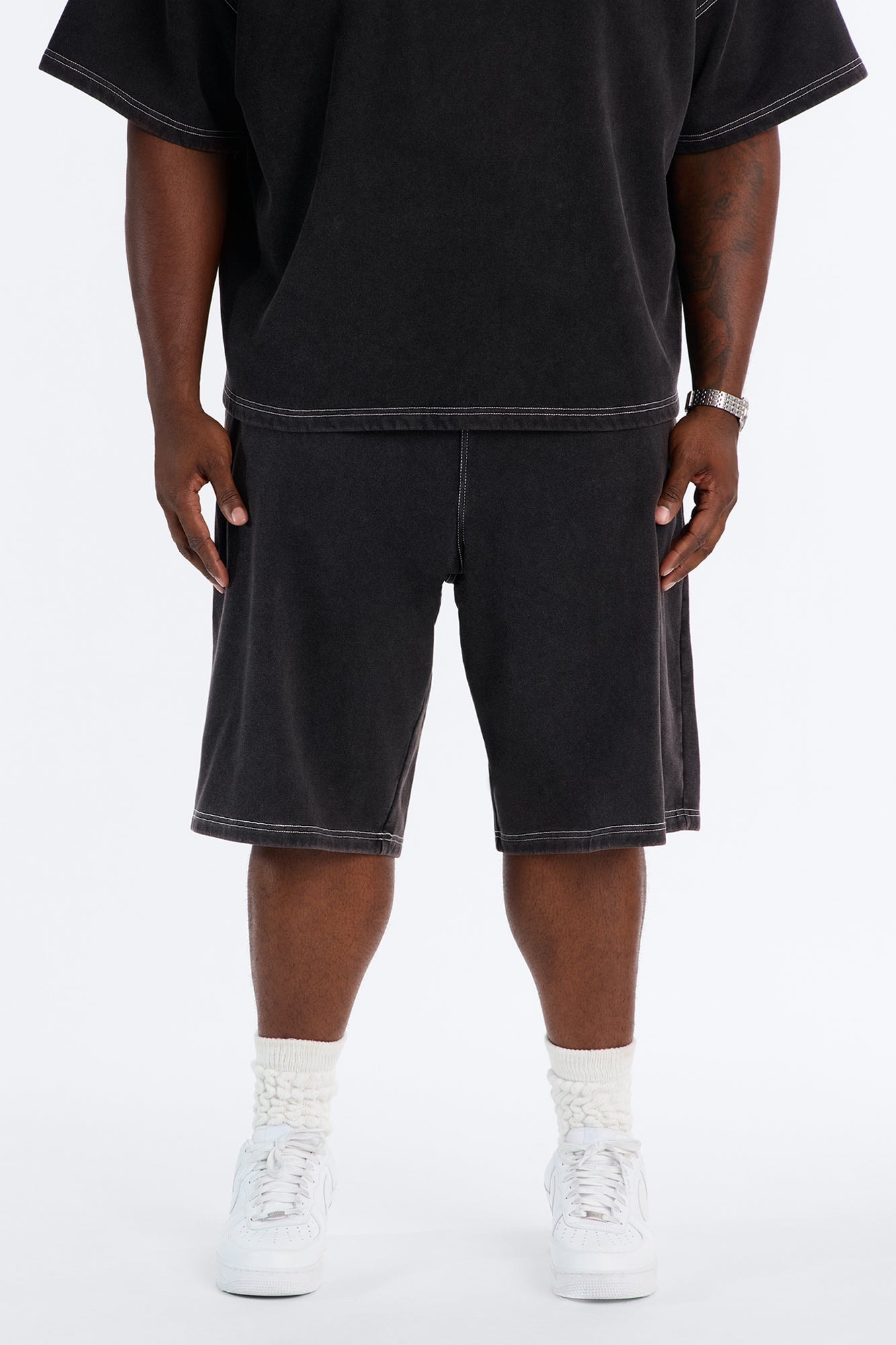 Kai Washed Contrast Stitch Baggy Sweatshort - Black image 1