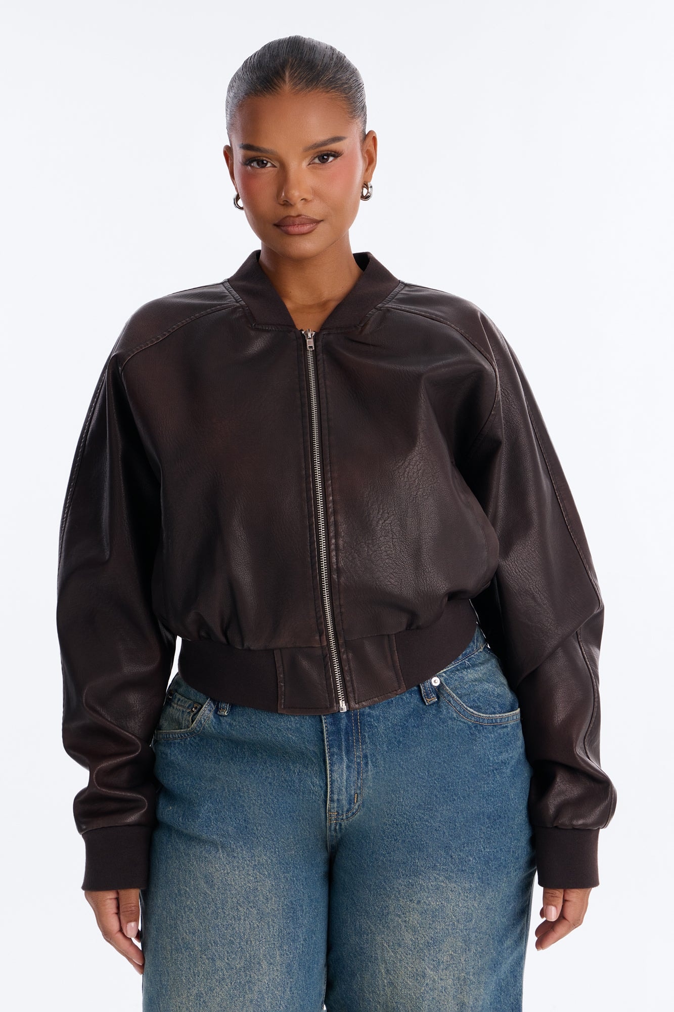 Reese Cropped Faux Leather Bomber Jacket - Chocolate image 1