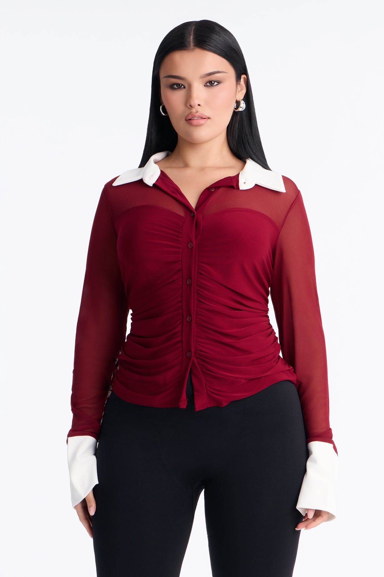Strictly Yours Ruched Mesh Long Sleeve Shirt - Burgundy image 1