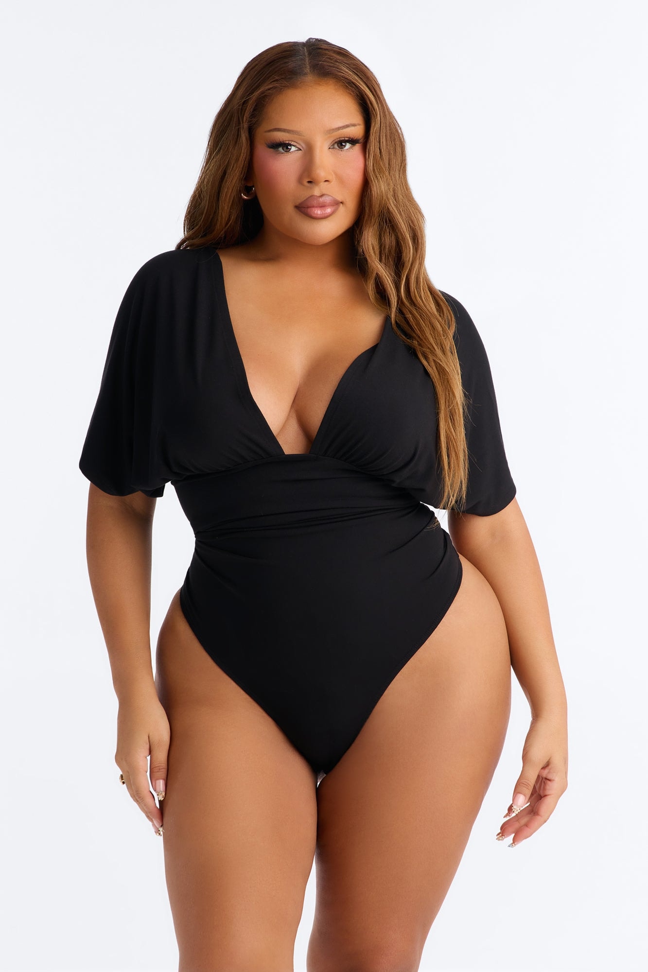 Sophie Ruched Short Sleeve V-Neck Bodysuit - Black image 1