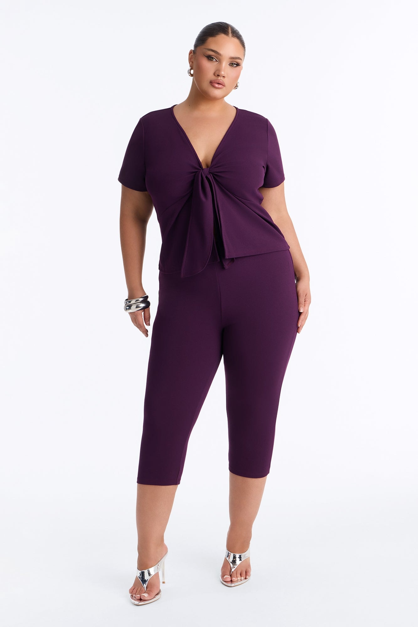 Annaline Tie Front Capri Pant Set - Eggplant image 1