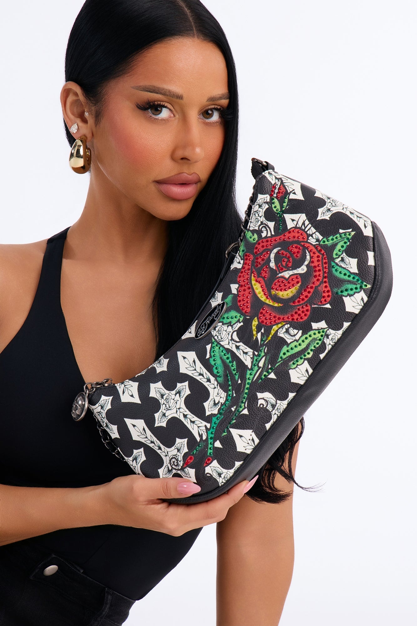 Ed Hardy Cross And Rose Faux Leather Shoulder Handbag - Black/combo alternate