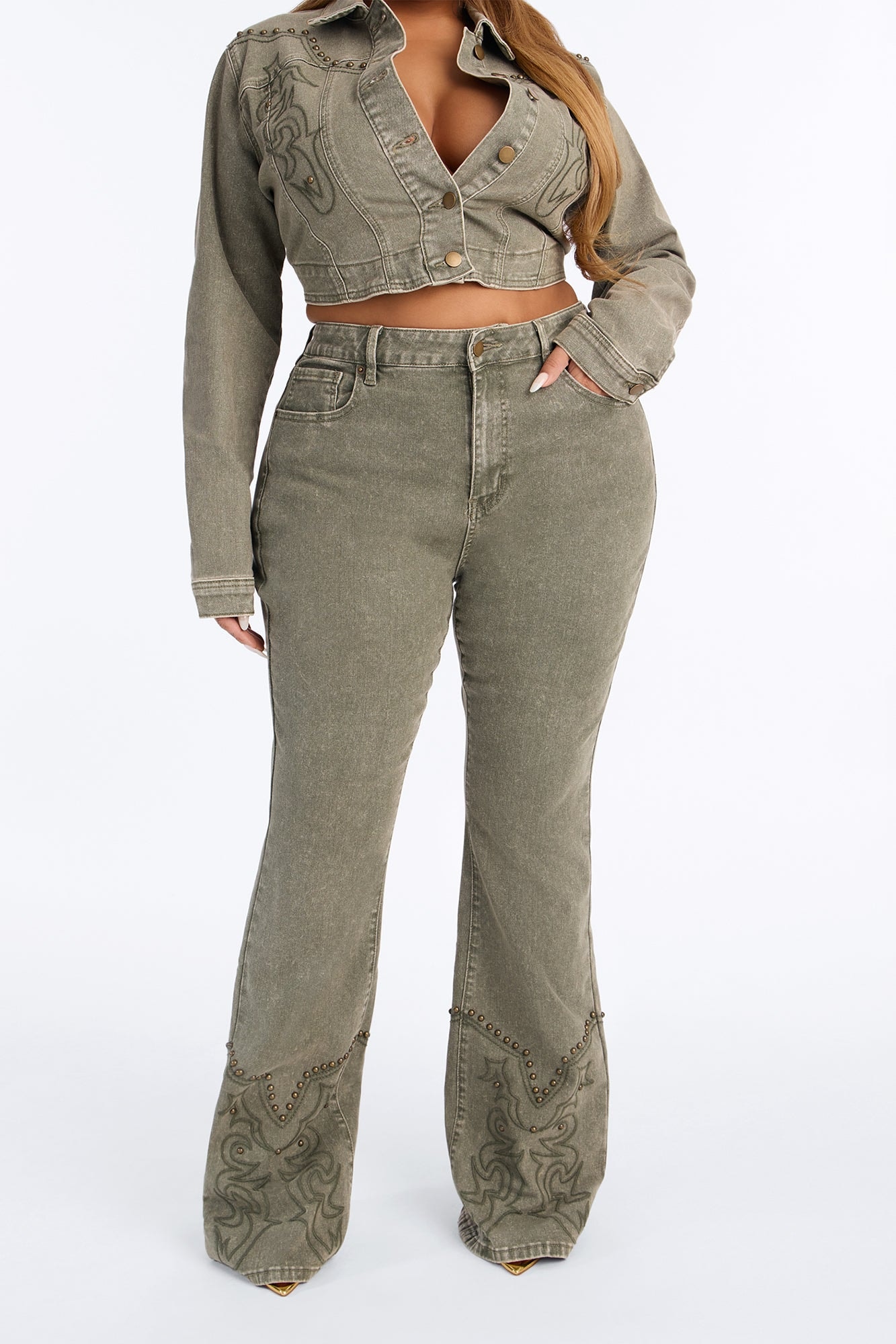 Letting It Ride Stretch Embellished Flare Jeans - Olive image 1