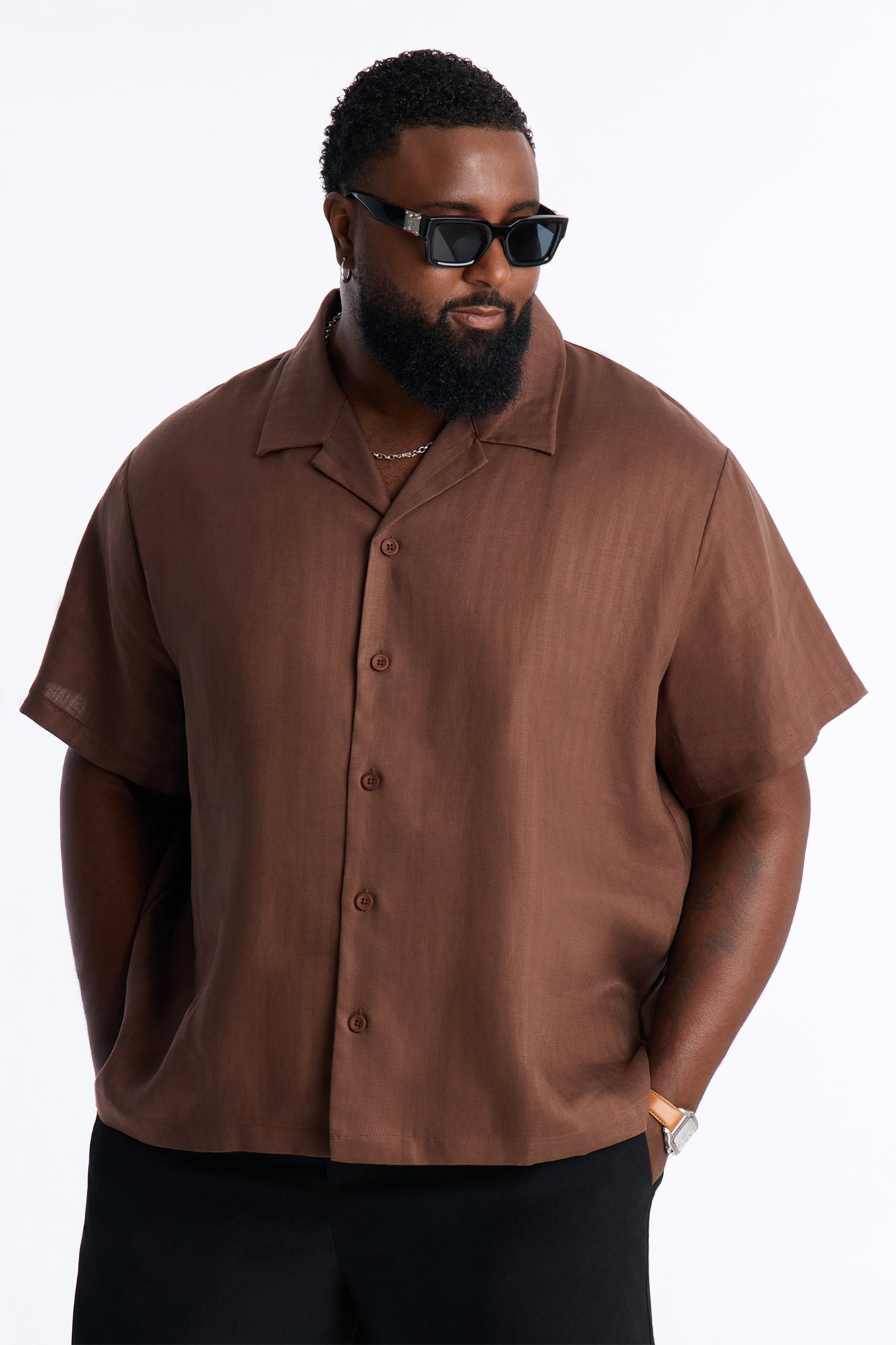 Linen Herringbone Cuban Collar Button Up Shirt - LightBrown image 1