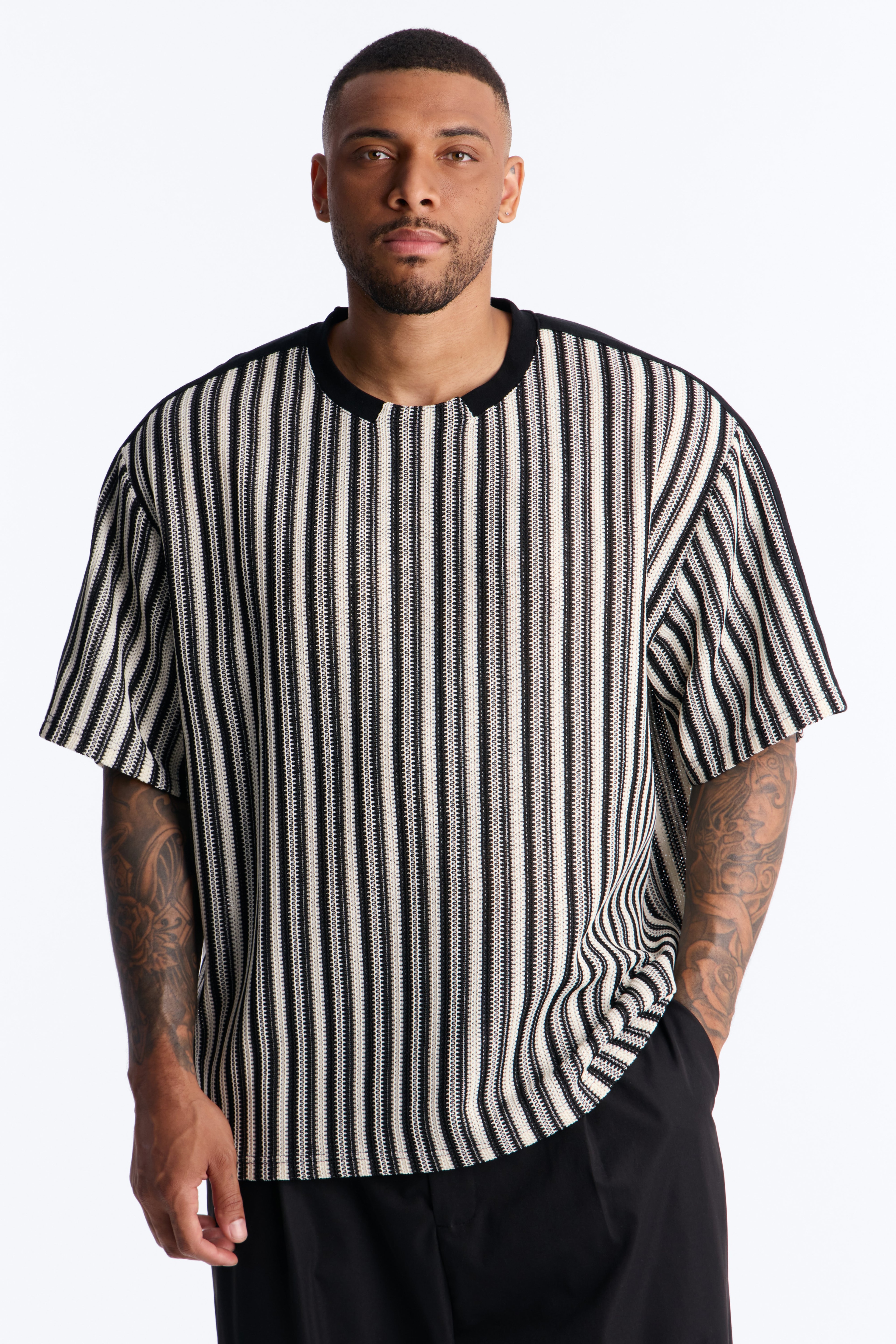 Ribbed Column Relaxed Crewneck Tee - Black/combo image 1
