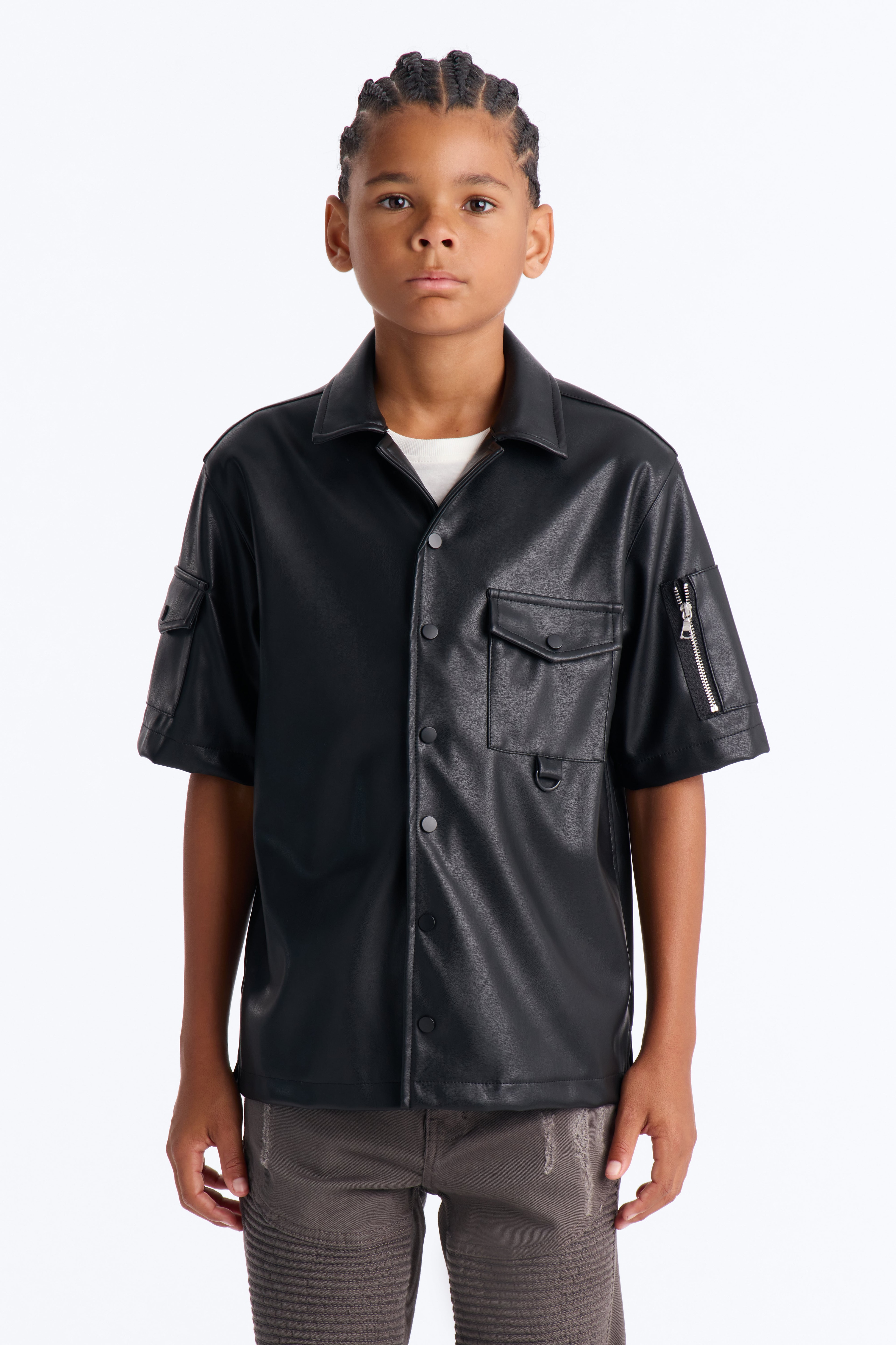Mini Utility Faux Leather Short Sleeve Button Up Shirt - Black image 1