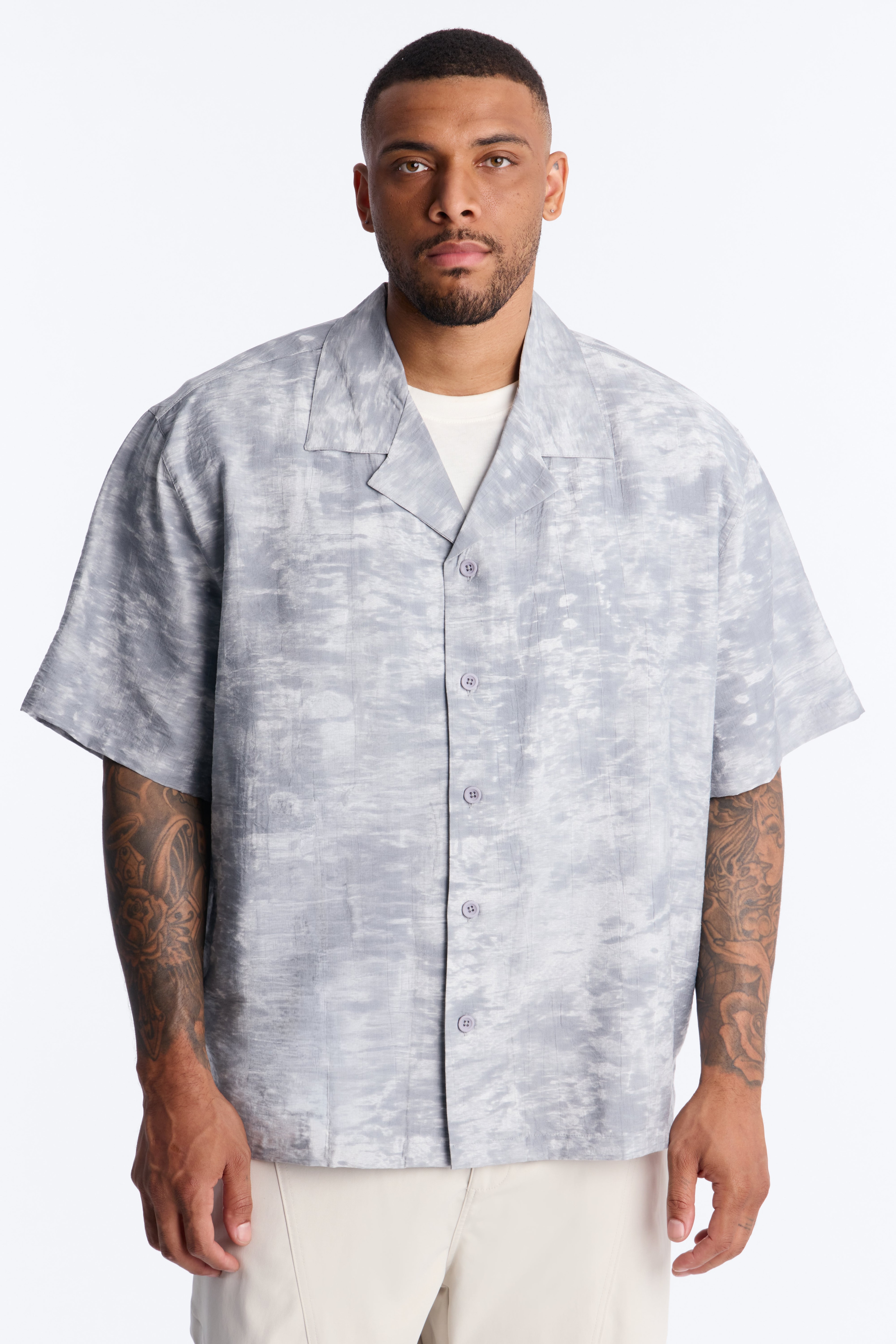 Marble Wash Cuban Collar Button Up Shirt - Grey/combo image 1