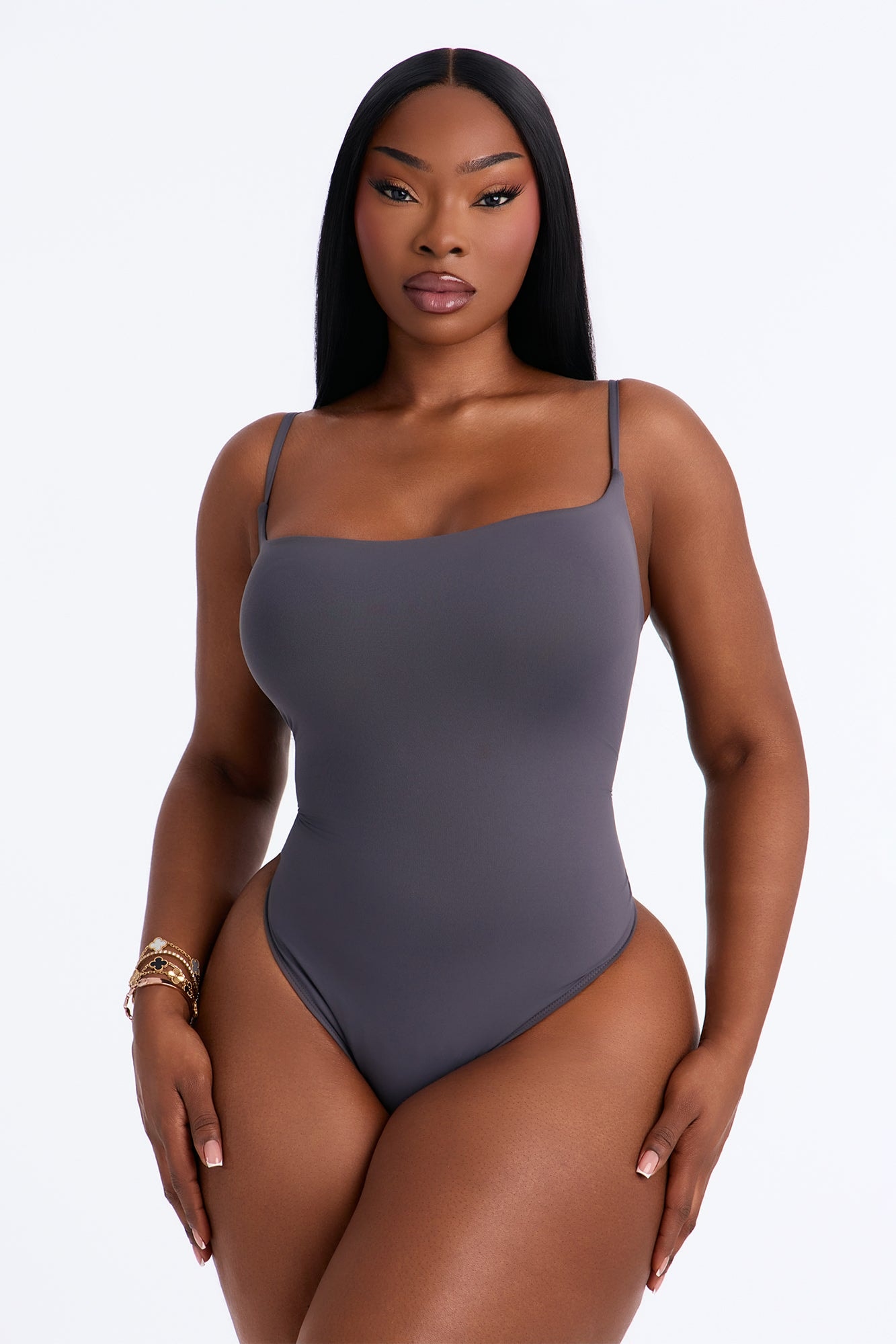 Second Skin Double Lined Square Neck Cami Bodysuit - Charcoal image 1