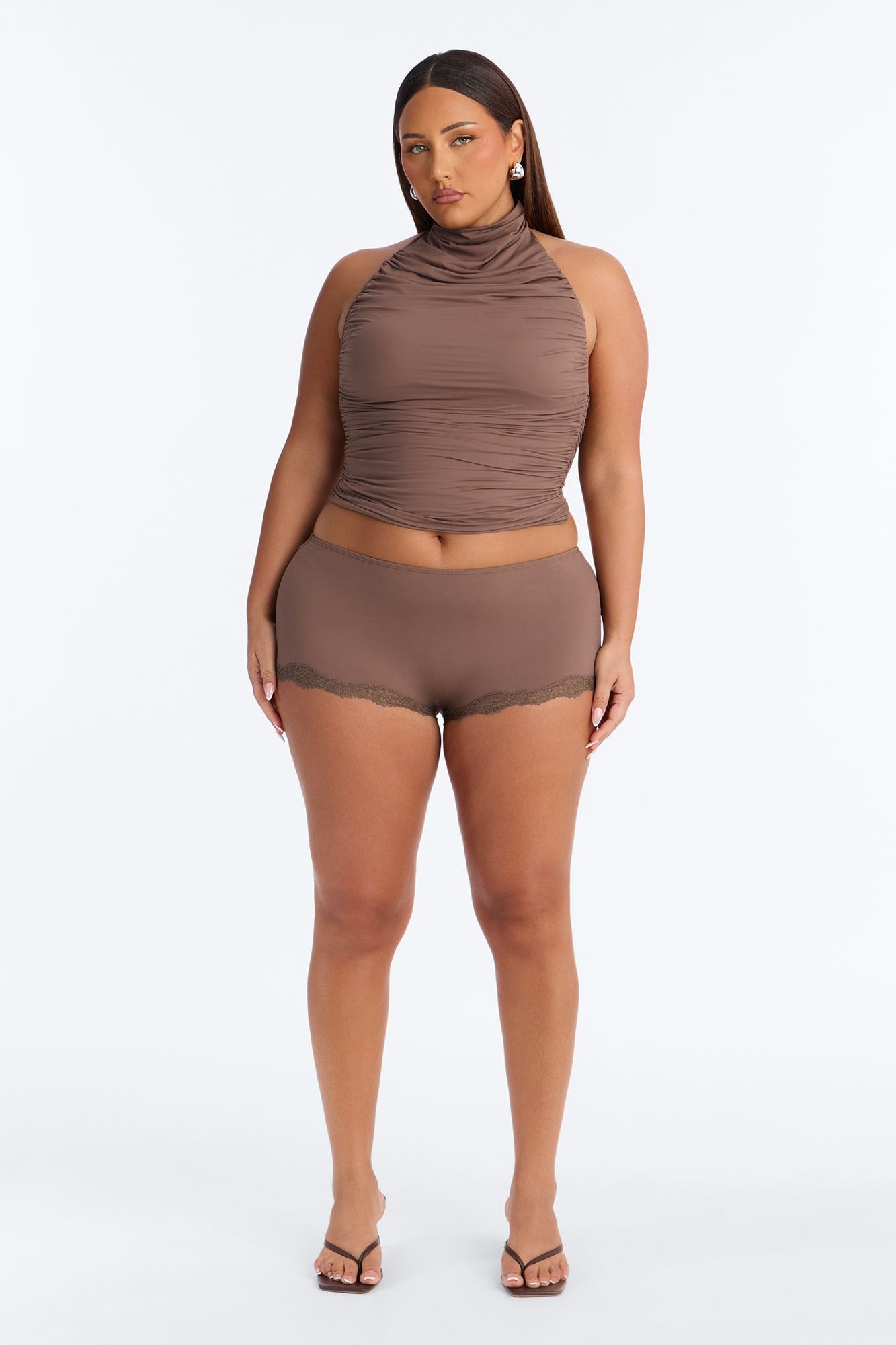 Second Skin Double Lined Lace Trim Micro Shorts - Brown image 1