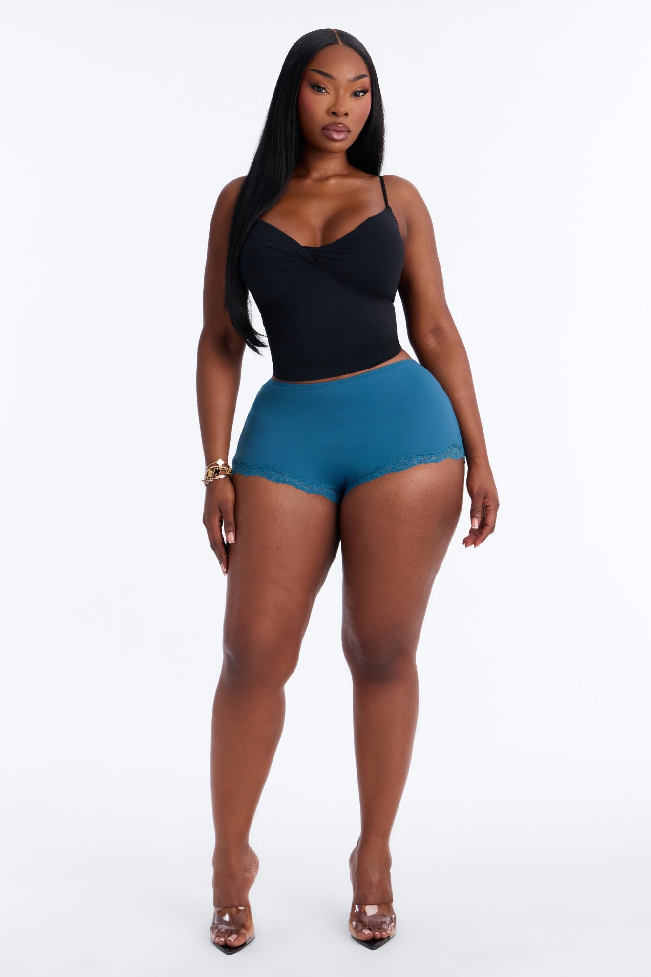 Second Skin Double Lined Lace Trim Micro Shorts - Teal image 1