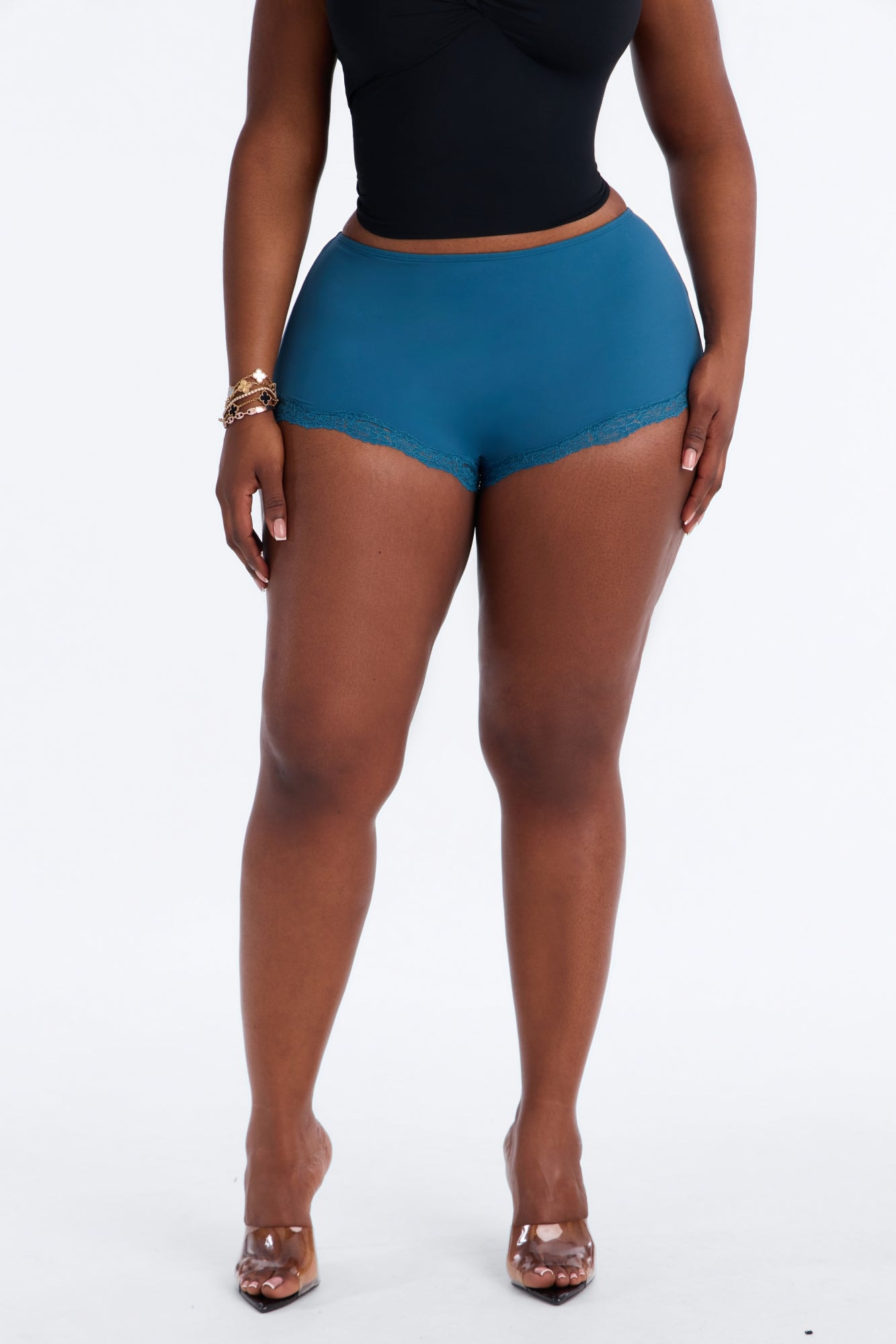 Second Skin Double Lined Lace Trim Micro Shorts - Teal alternate