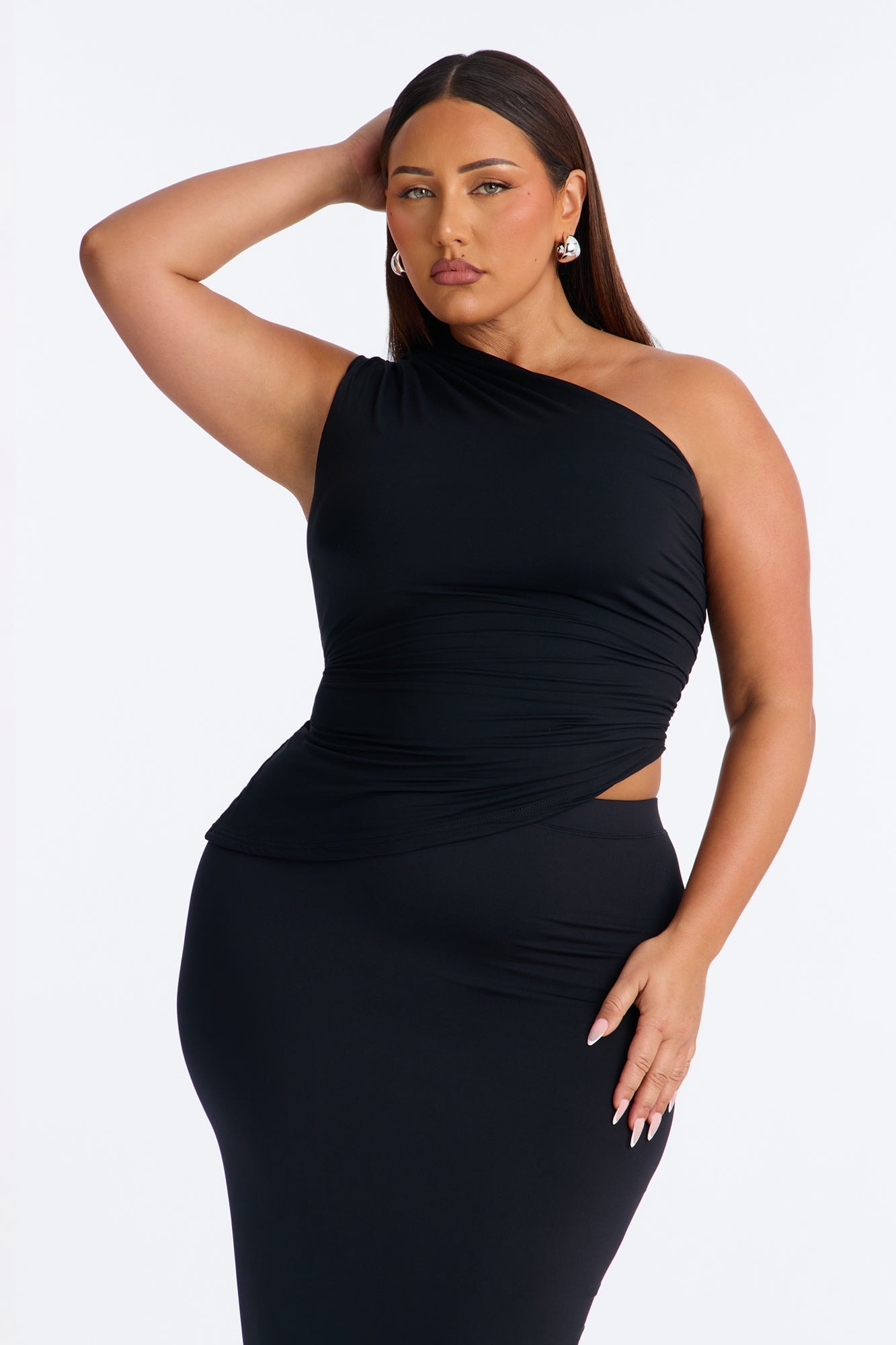 Second Skin Double Lined One Shoulder Ruched Top - Black image 1