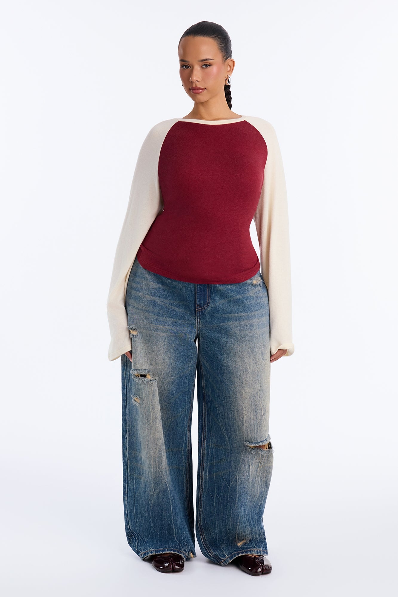 Still Got It Lace Up Raglan Baseball Sweater - Burgundy/combo alternate