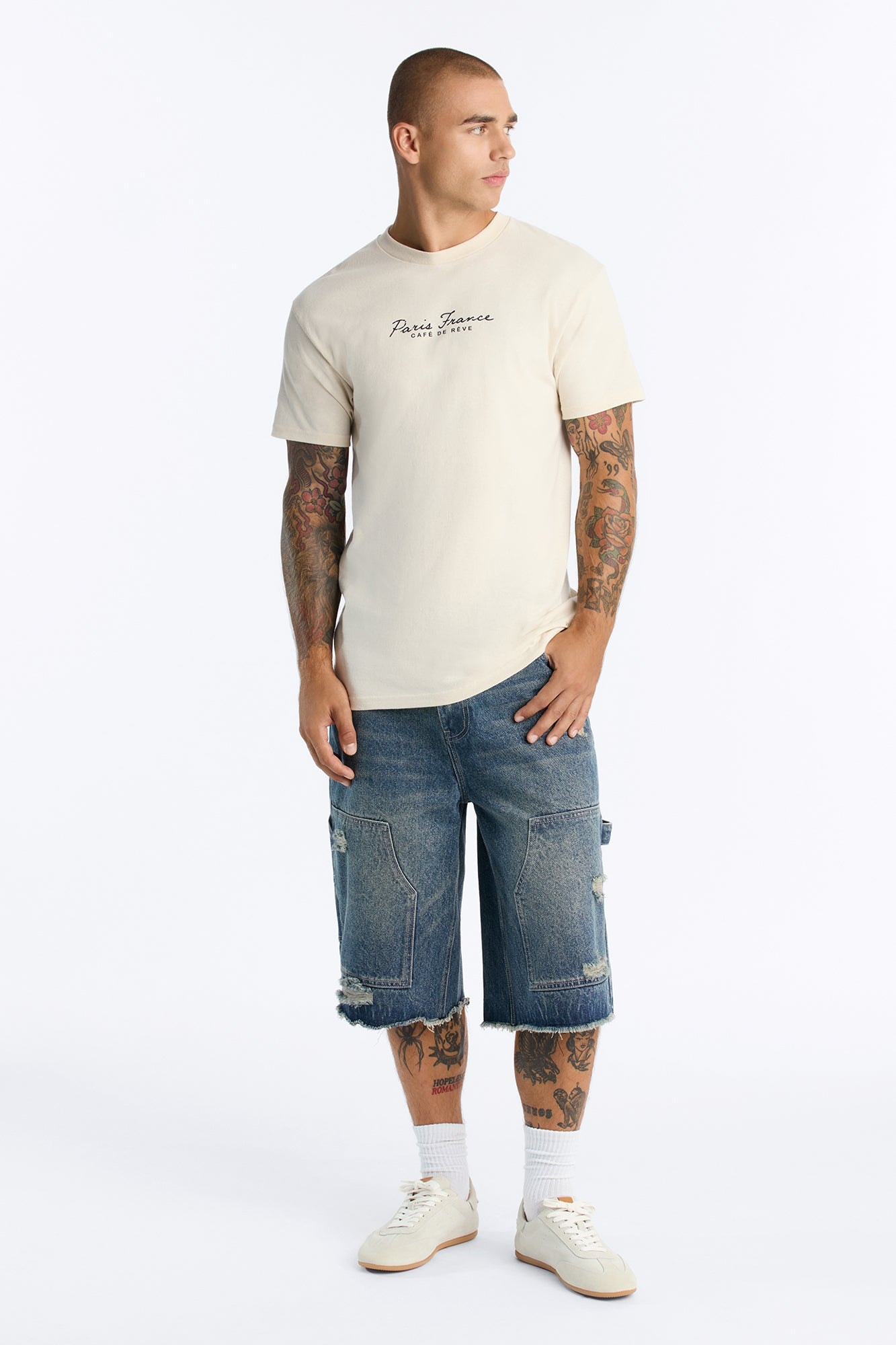 Baggy Carpenter Distressed Denim Shorts - Vintage Wash image 1