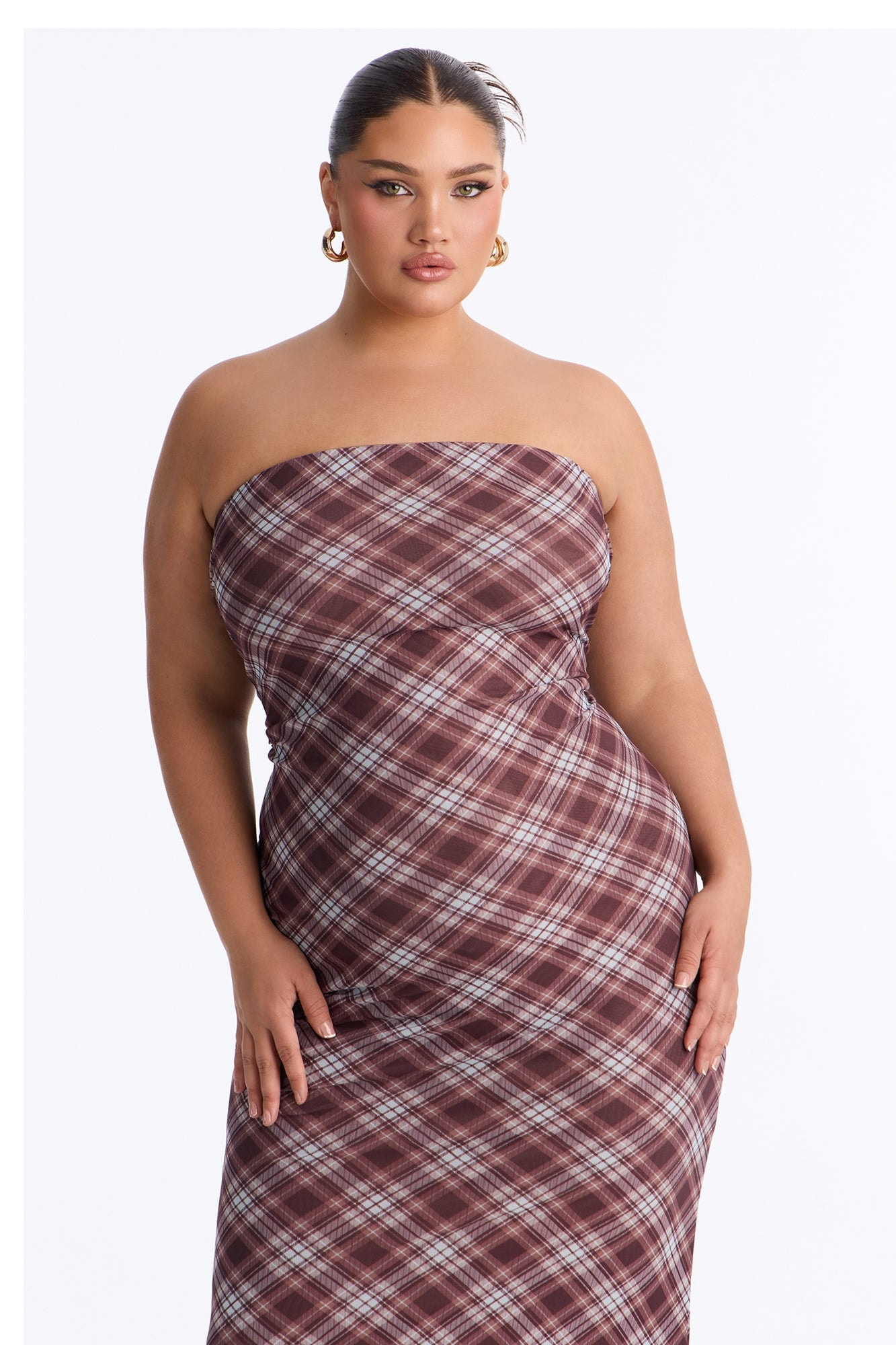Get A Clue Plaid Maxi Strapless Dress - Brown/combo image 1