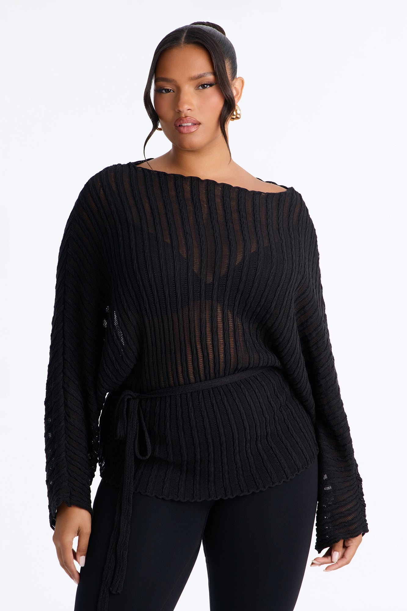 Silent Romance Tie Waist Pullover Sweater - Black image 1