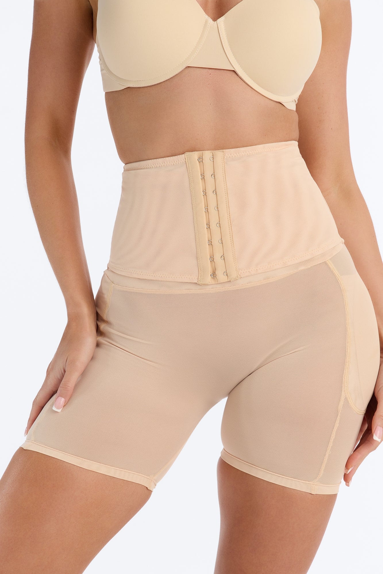 High Waisted Hip & Butt Padded Mesh Shapewear Shorts - Nude image 1