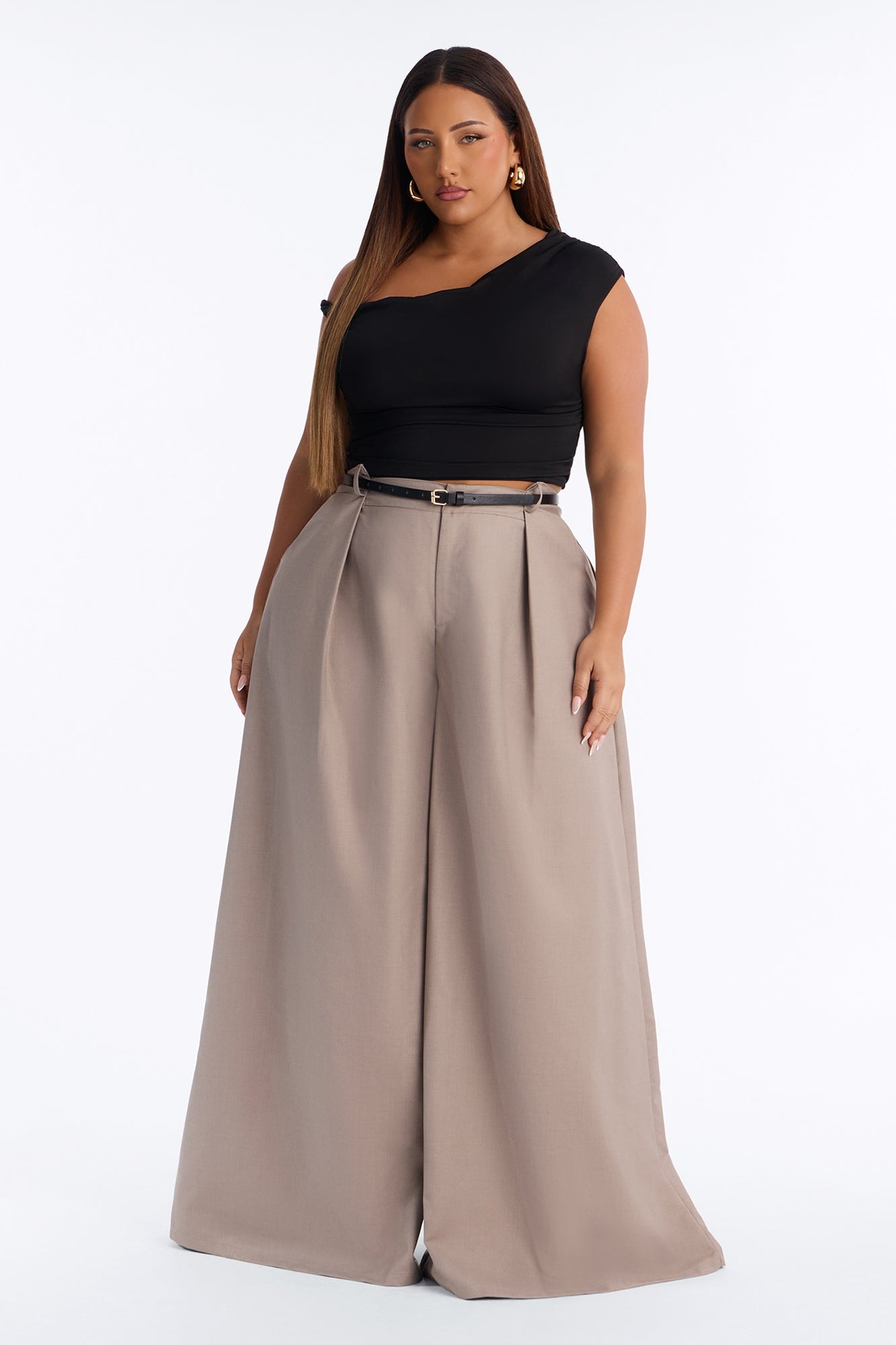 Steph Step Waistband Belted Wide Leg Trouser - Taupe image 1