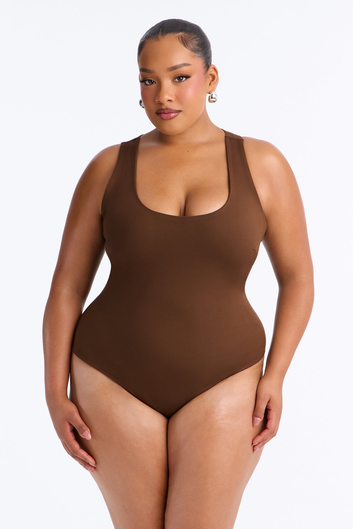 Sarafiena Double Lined Scoop Neck Bodysuit - Chocolate image 1