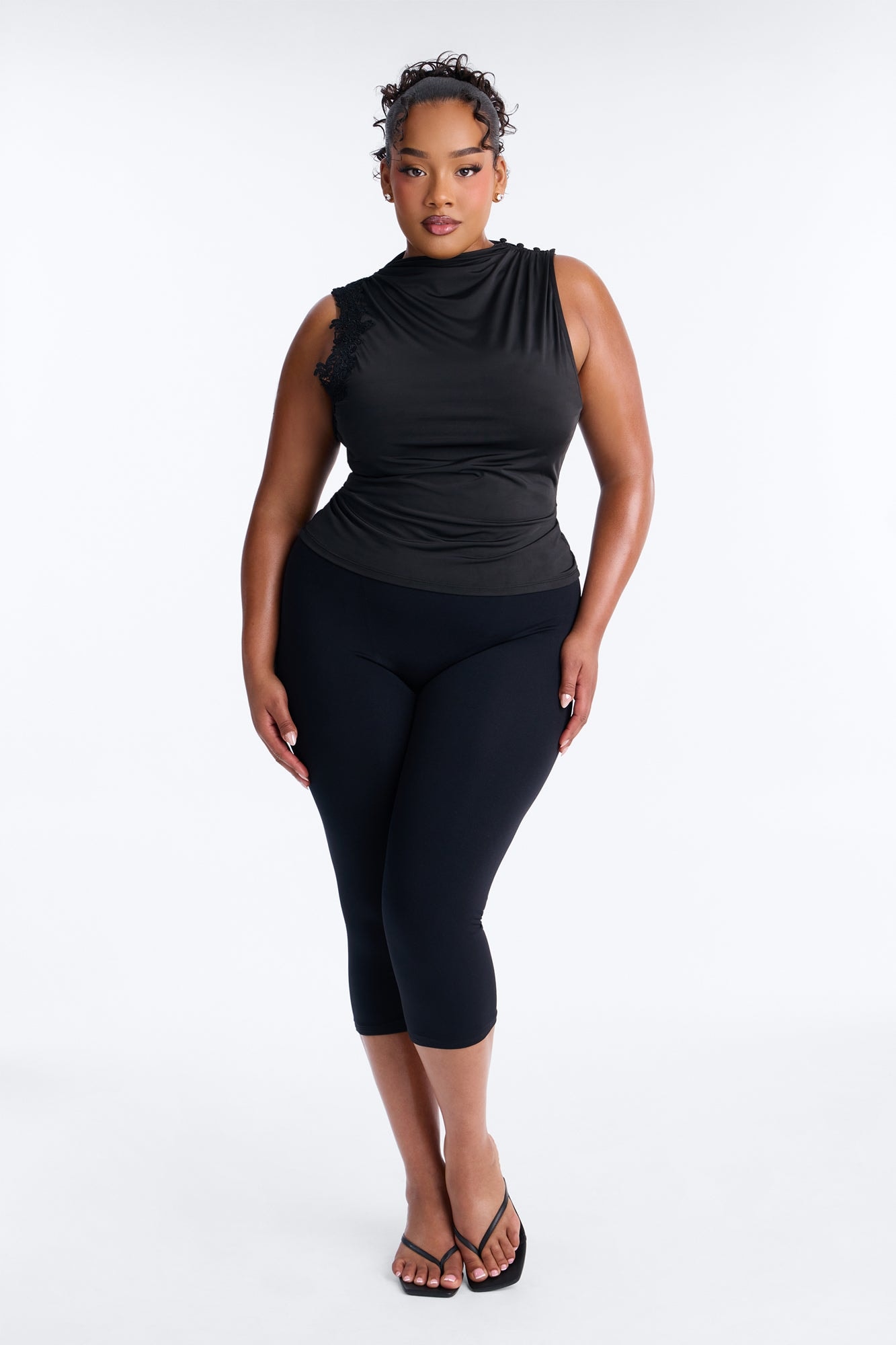 Talia Lace Trim Mock Neck Sleeveless Top - Black image 1