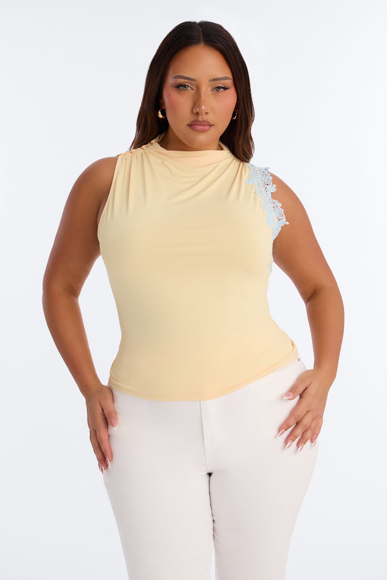 Talia Lace Trim Mock Neck Sleeveless Top - Yellow/combo image 1