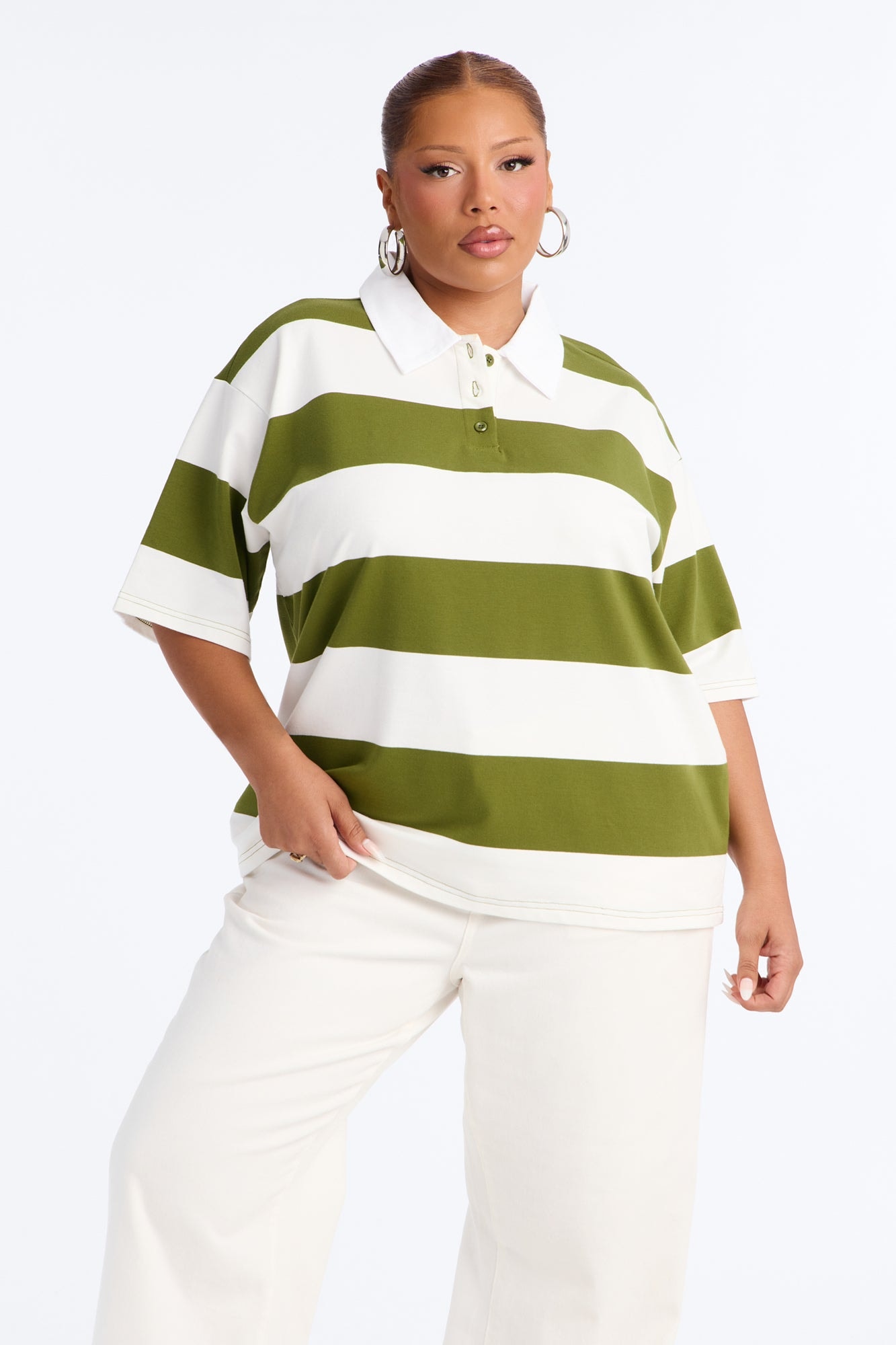 Avery Striped Short Sleeve Polo Top - Olive/combo image 1