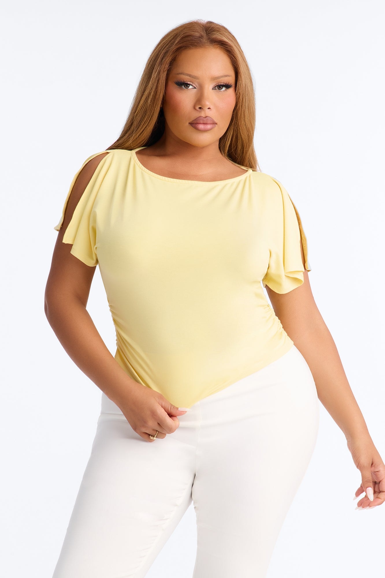 Juliette Ruched Split Short Sleeve Top - Butter Yellow image 1