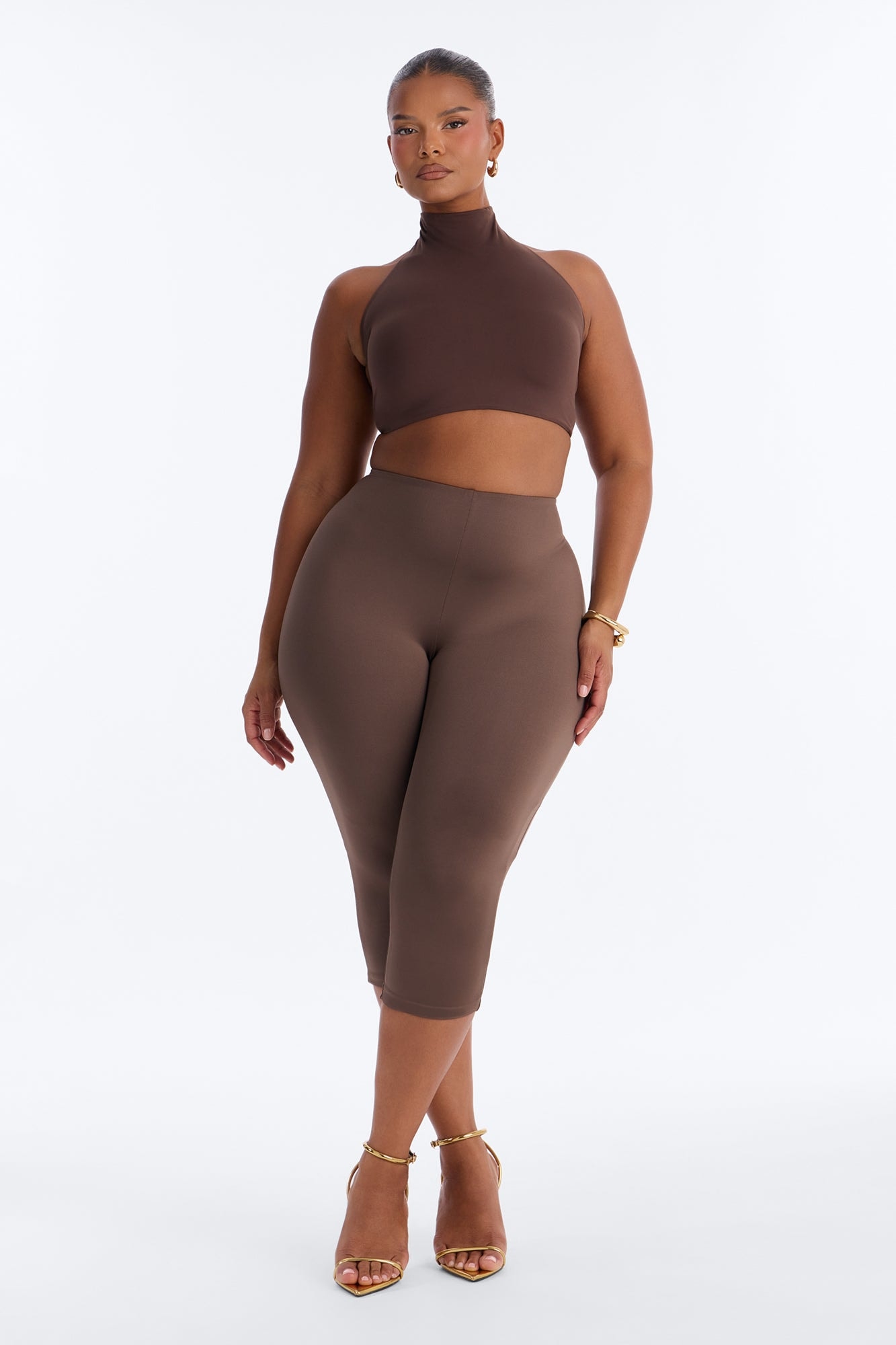 Second Skin Padded Backless Mock Neck Halter Top - Chocolate image 1