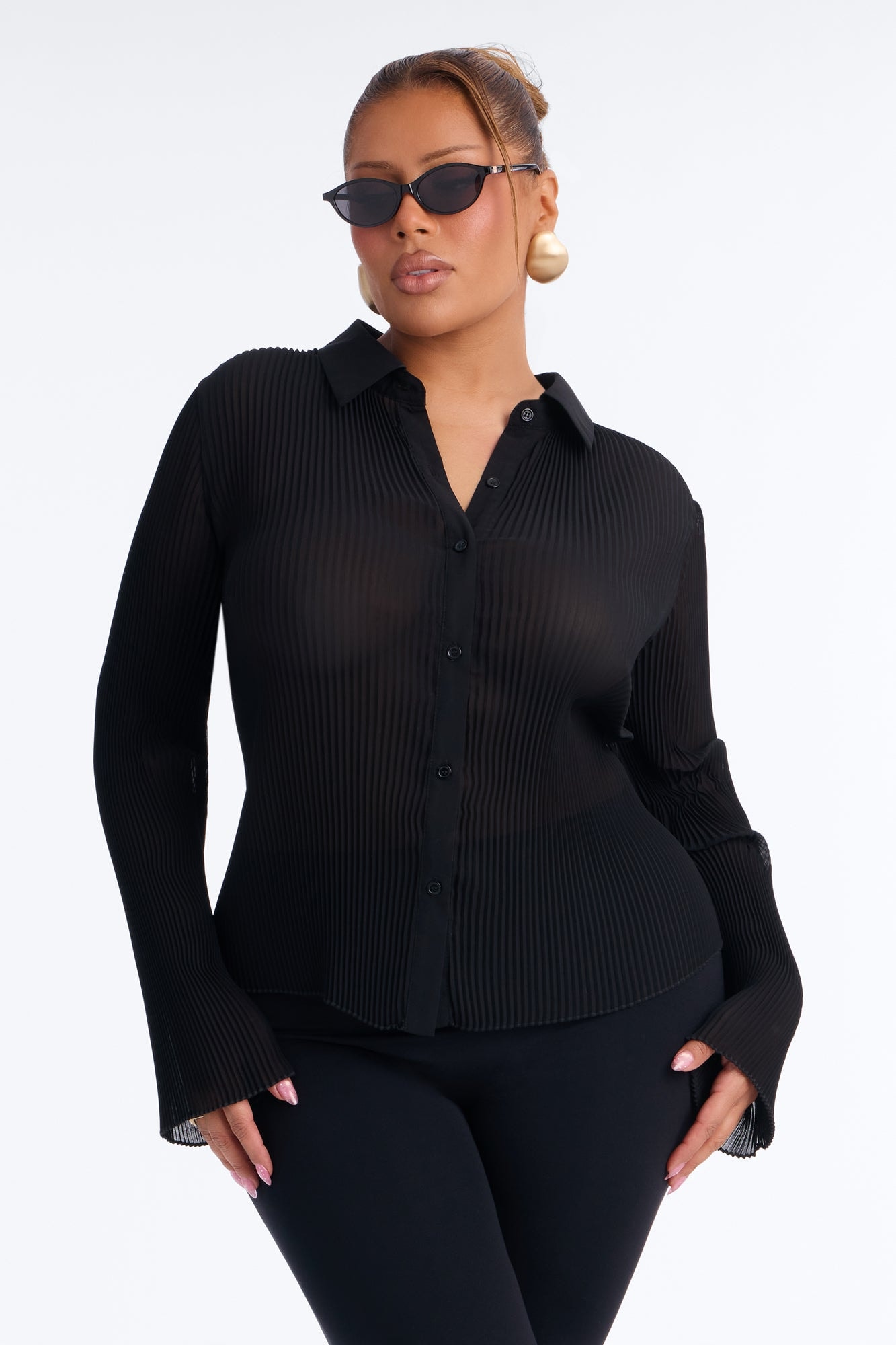 Taking Calls Plisse Chiffon Blouse - Black image 1