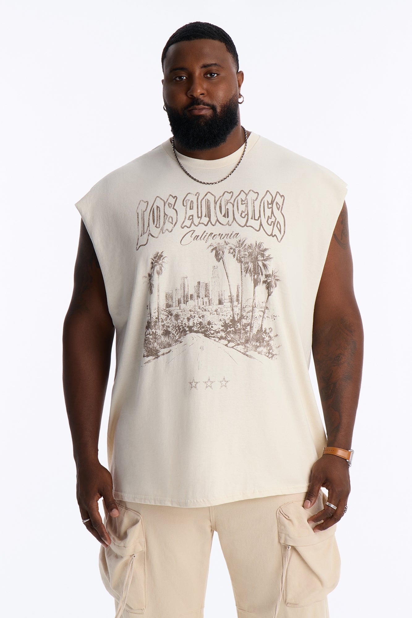Los Angeles Palm Tree Oversized Muscle Tee - Natural image 1
