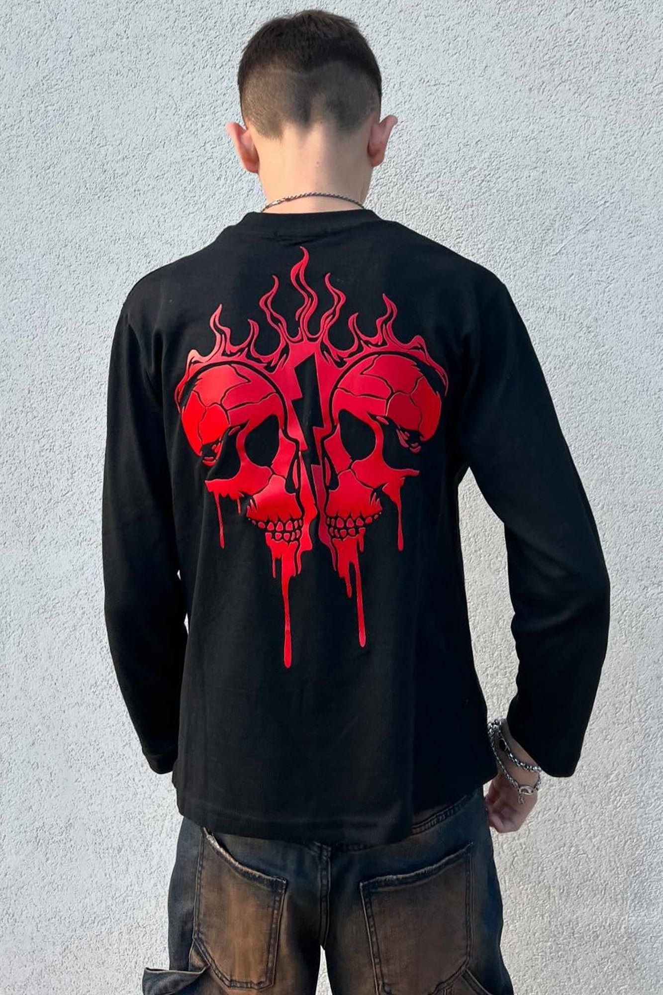Mini Broken Flame Heart Front/Back Long Sleeve Tee - Black image 1